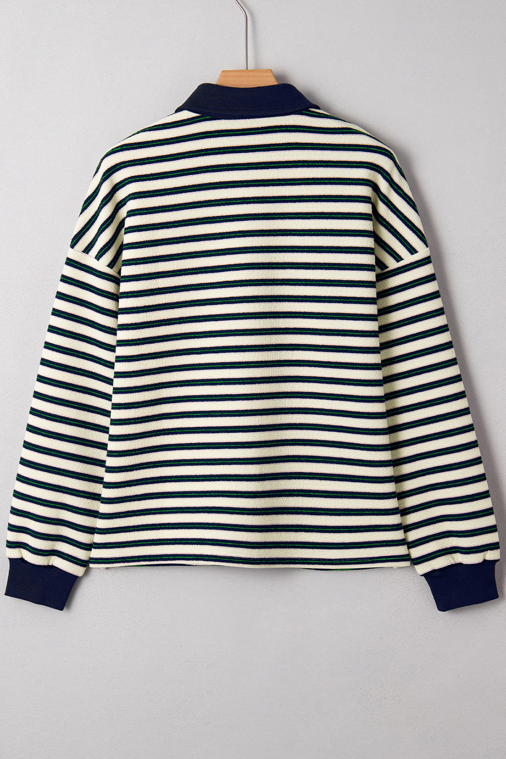 Navy Blue Striped Print Contrast Collar Zip V Neck Long Sleeve Top