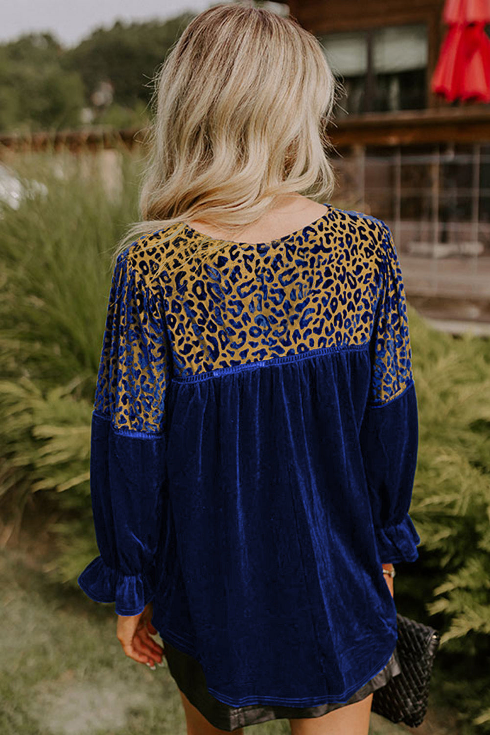 Sky Blue Leopard Patchwork Shoulder Flounce Sleeve Velvet Blouse
