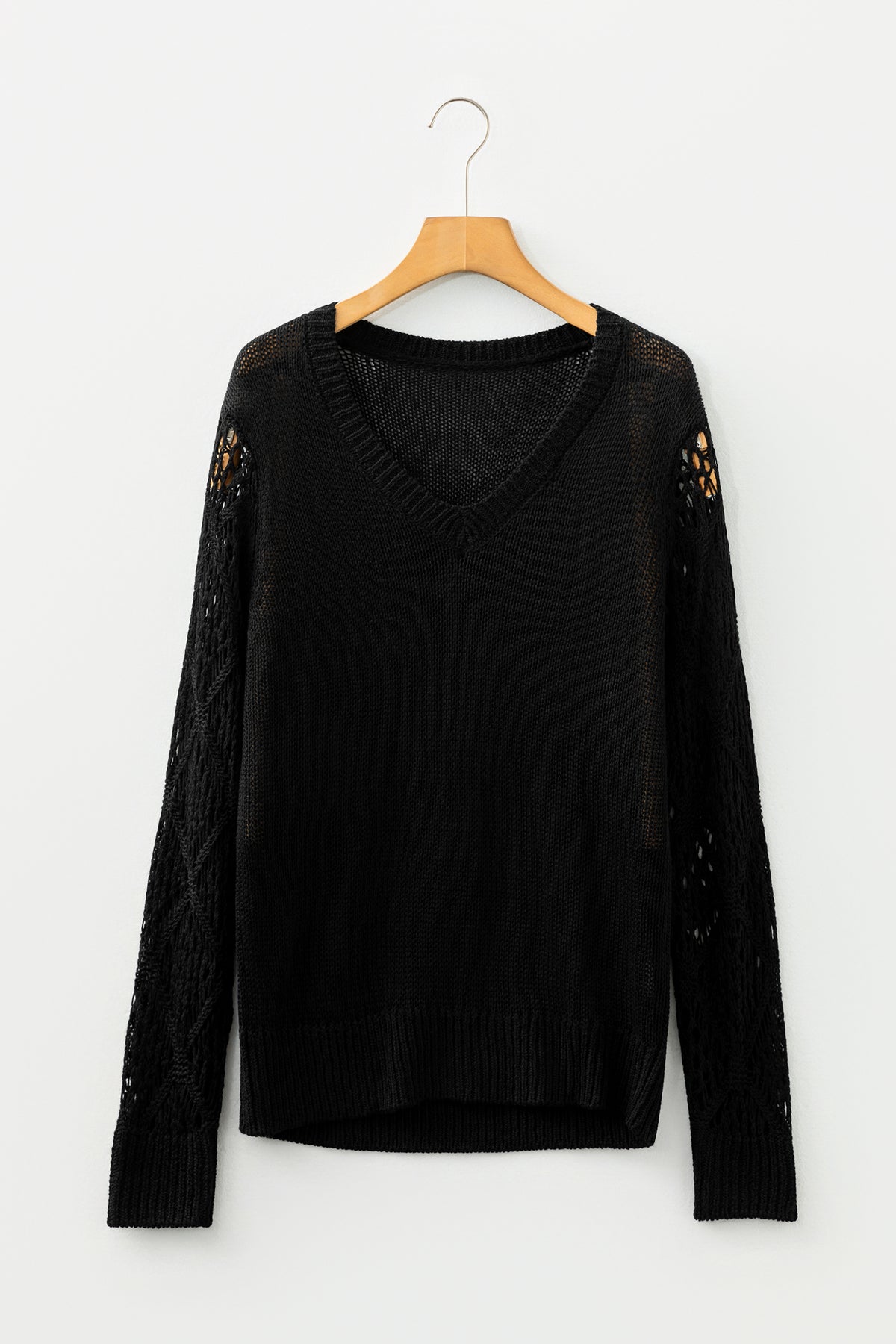 Black Solid V Neck Pointelle Knit Sleeve Patchwork Sweater