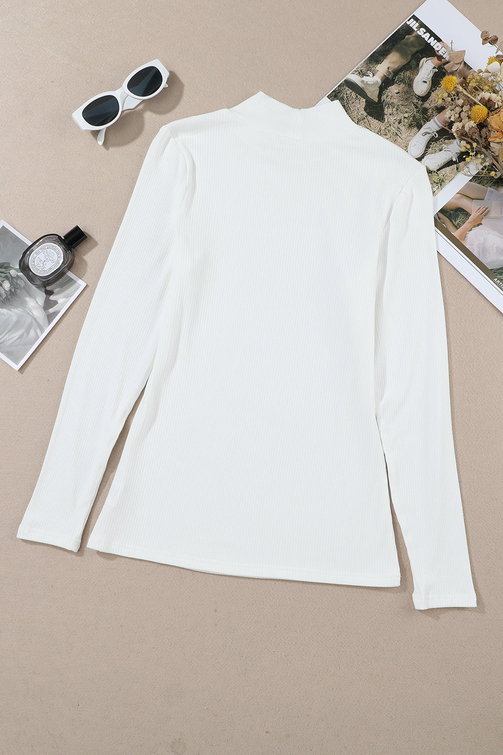 White Ribbed Knit High Neck Long Sleeve Top