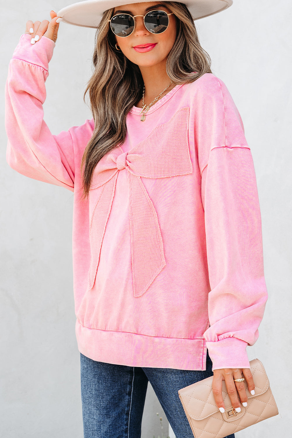 Bright Pink Mineral Wash Big Bow Patchwork Pullover Sweatshirt