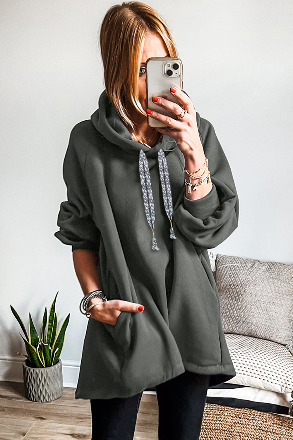 Four Leaf Clover Fleece Lined Adjustable Drawstring Oversize Tunic Hoodie