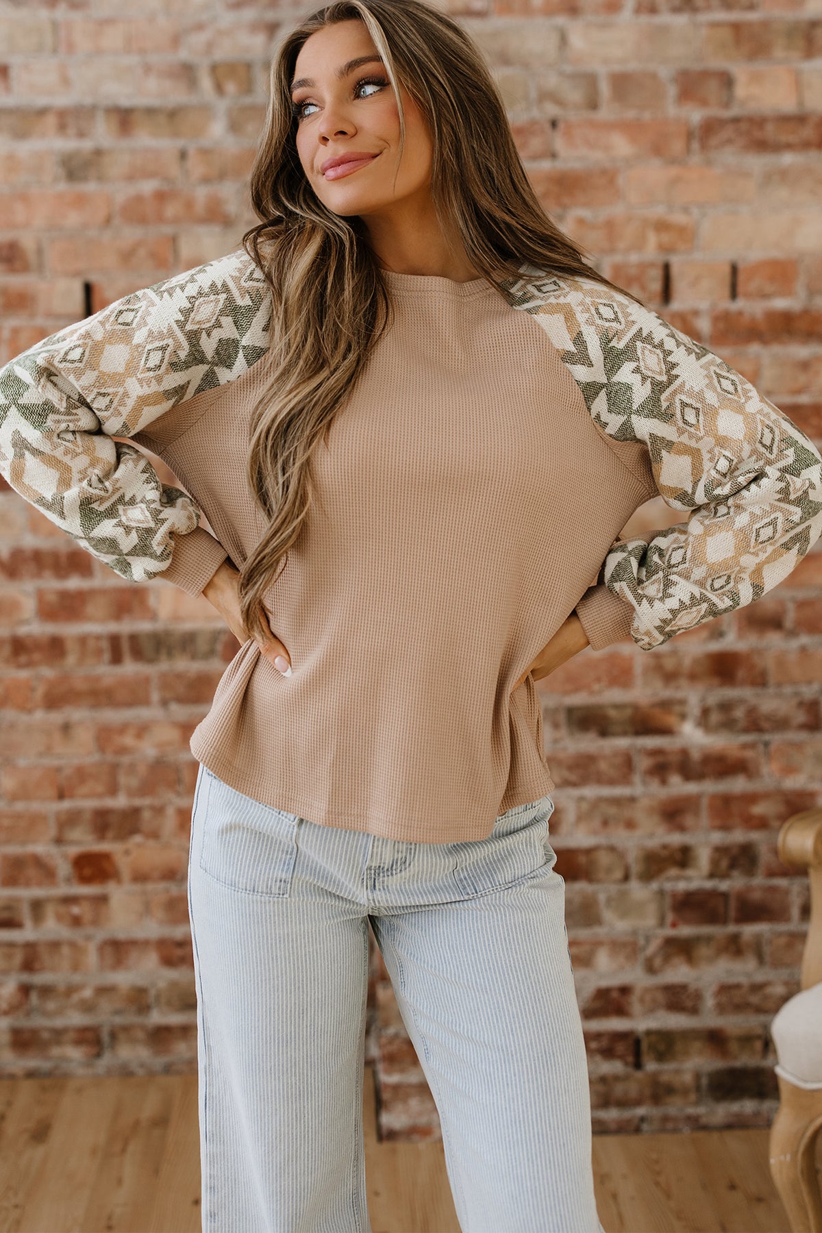 Smoke Gray Waffle Aztec Patchwork Raglan Sleeve Knit Top