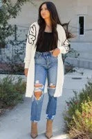 BGA808P115 Beige Flower Embroidered Drop Shoulder Open Front Duster Cardigan