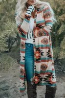 BGALC41322 Multi Color Geometric Color Block Open Front Long Cardigan
