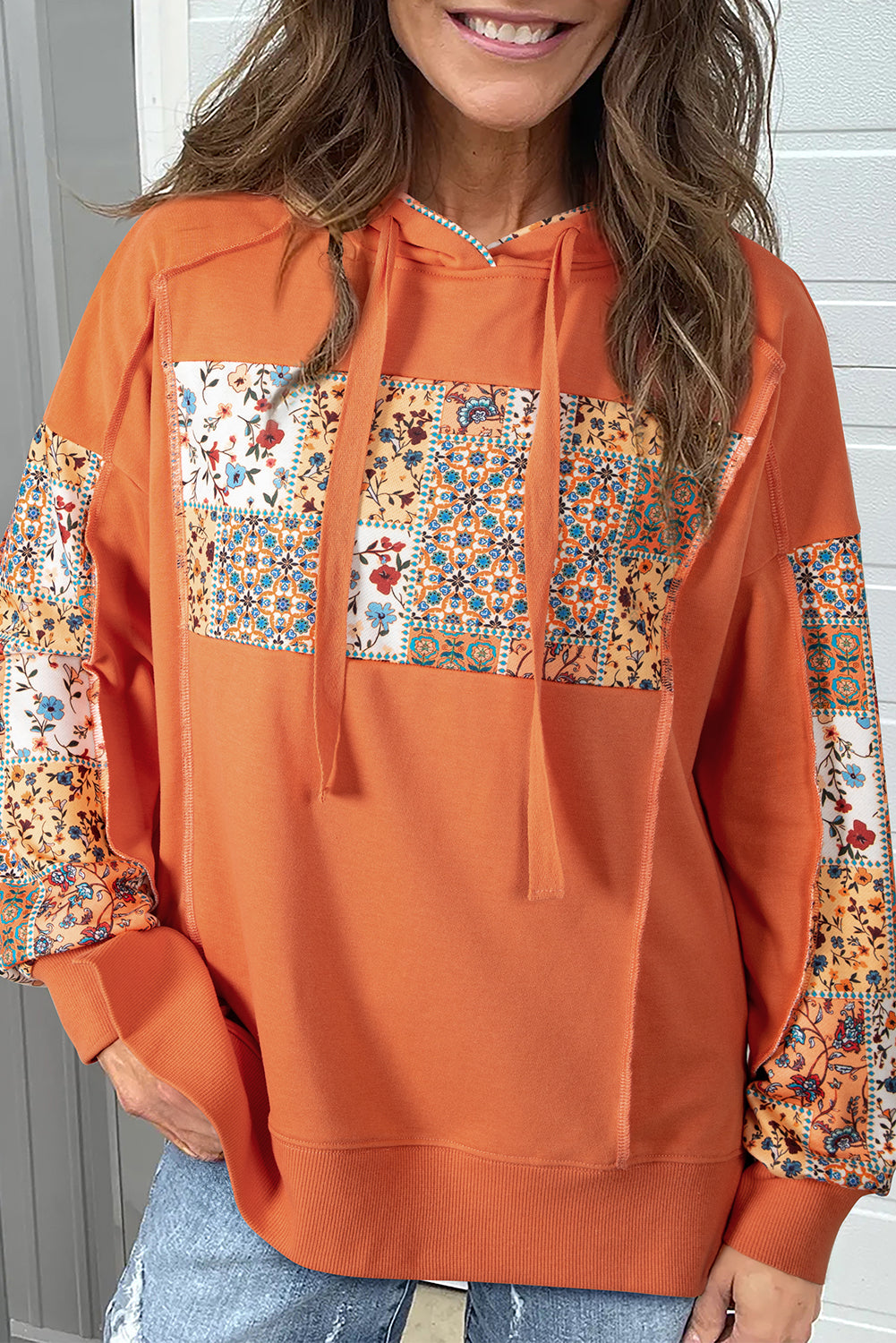 Flamingo Mix Floral Patchwork Side Slit Drawstring Hoodie