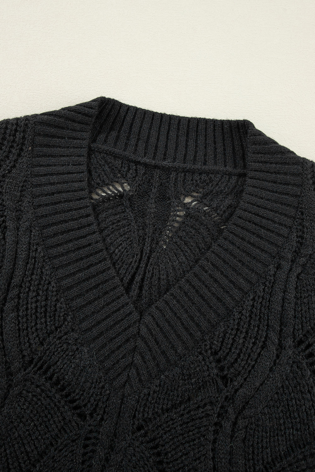 Black Hollow Out Knit V Neck Drop Shoulder Sweater