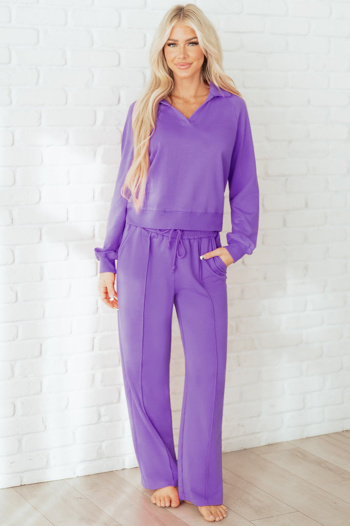 Wisteria Solid Color Collared Pullover and Central Seam Pants Set