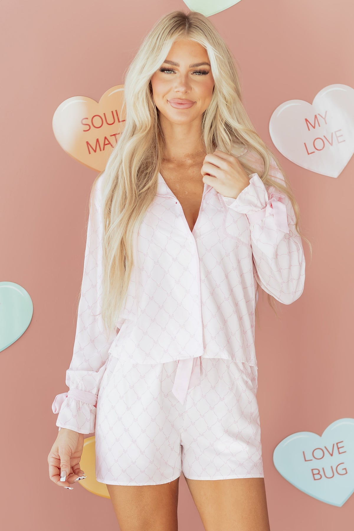 Pink Bow Lattice Print Bow Ties 2pcs Pajama Set