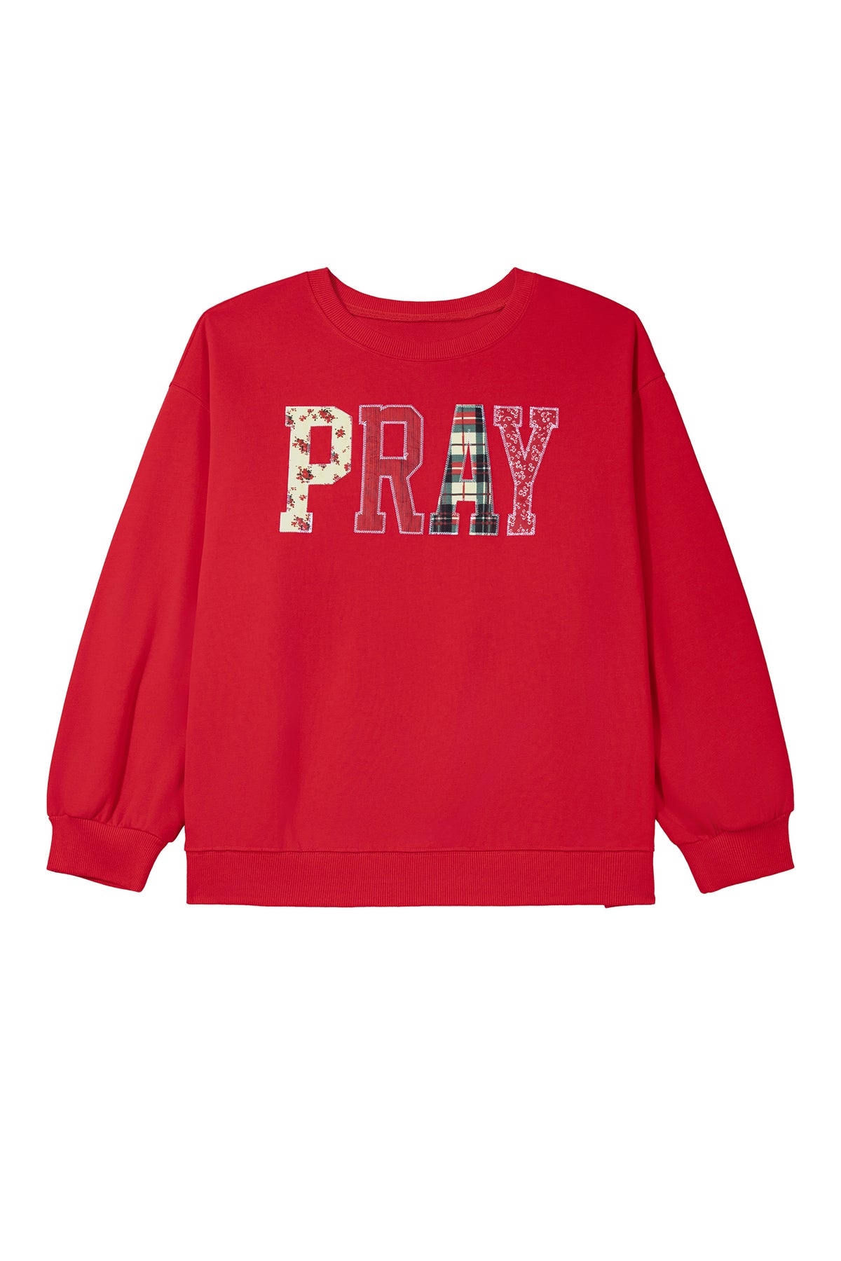 Fiery Red PRAY Letter Patchwork Round Neck Long Sleeve Plus Size Sweatshirt