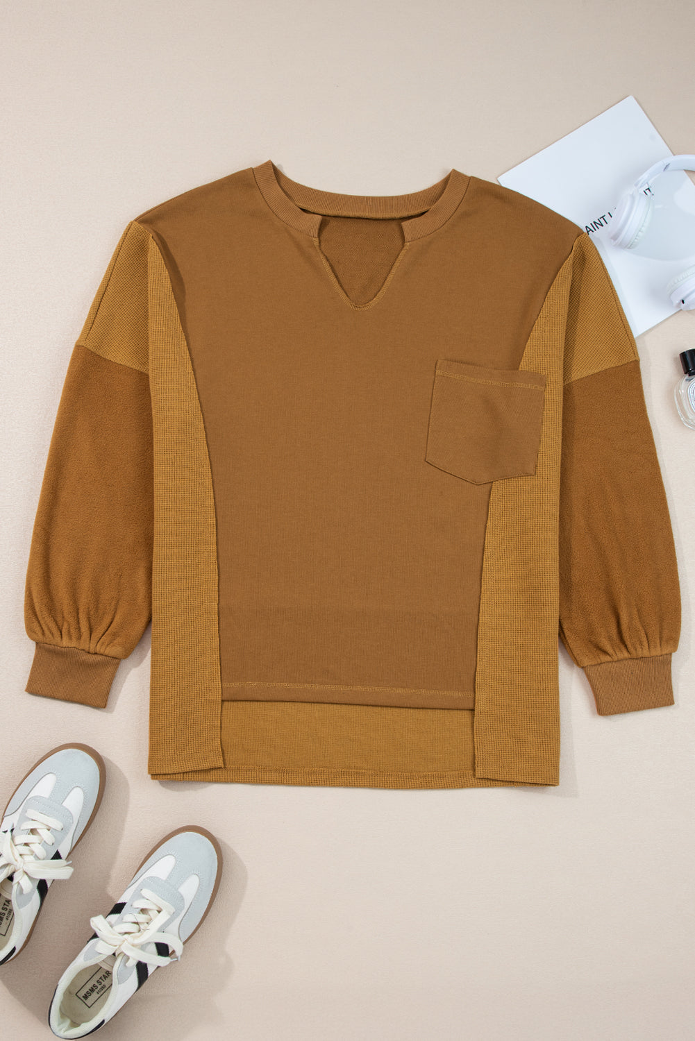 Multicolor Oversized Mixed Textured Split Neck High Low Patchwork Sweatshirt