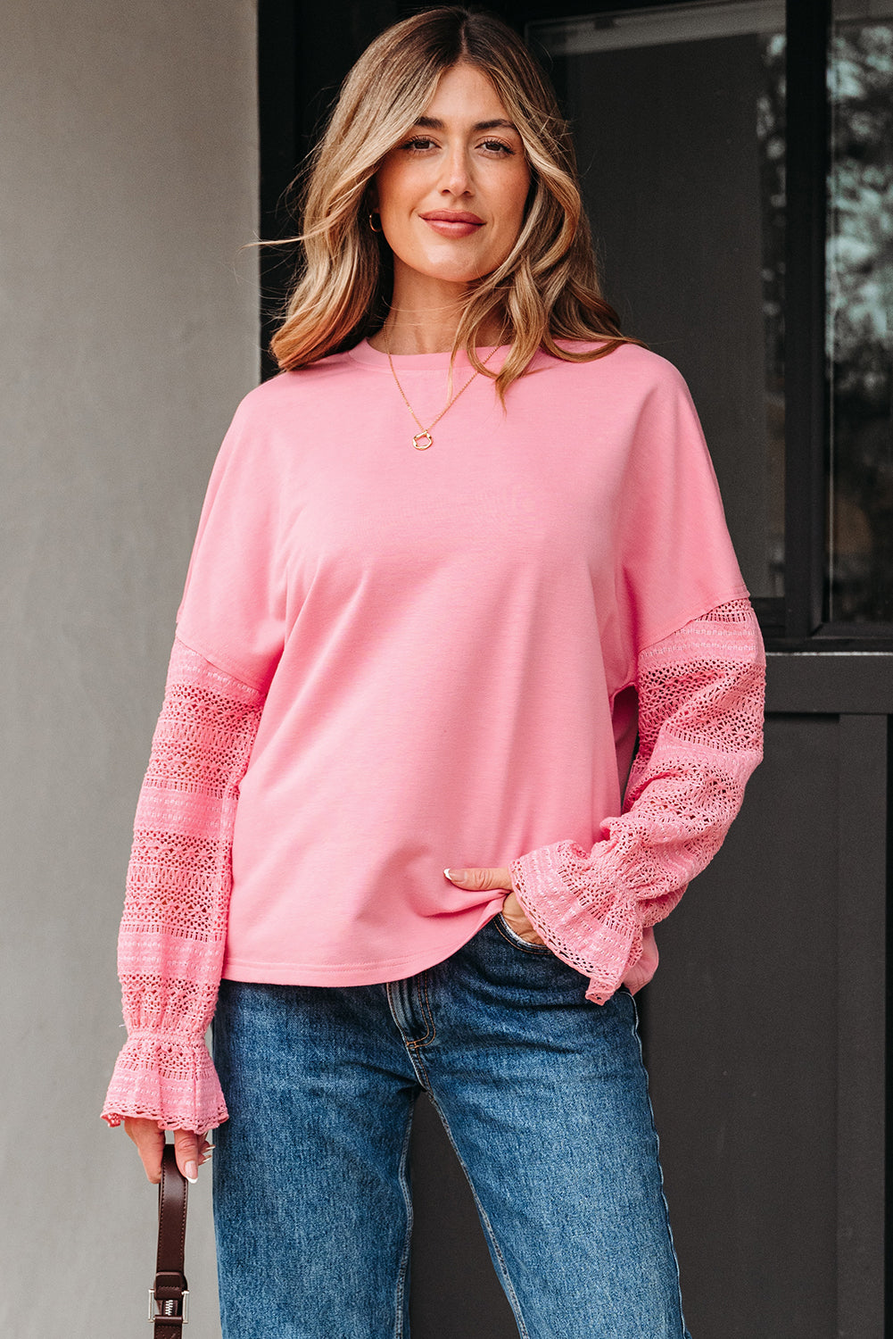 Sachet Pink Drop Shoulder Lace Ruffled Sleeve Patchwork Loose Sweatshirt