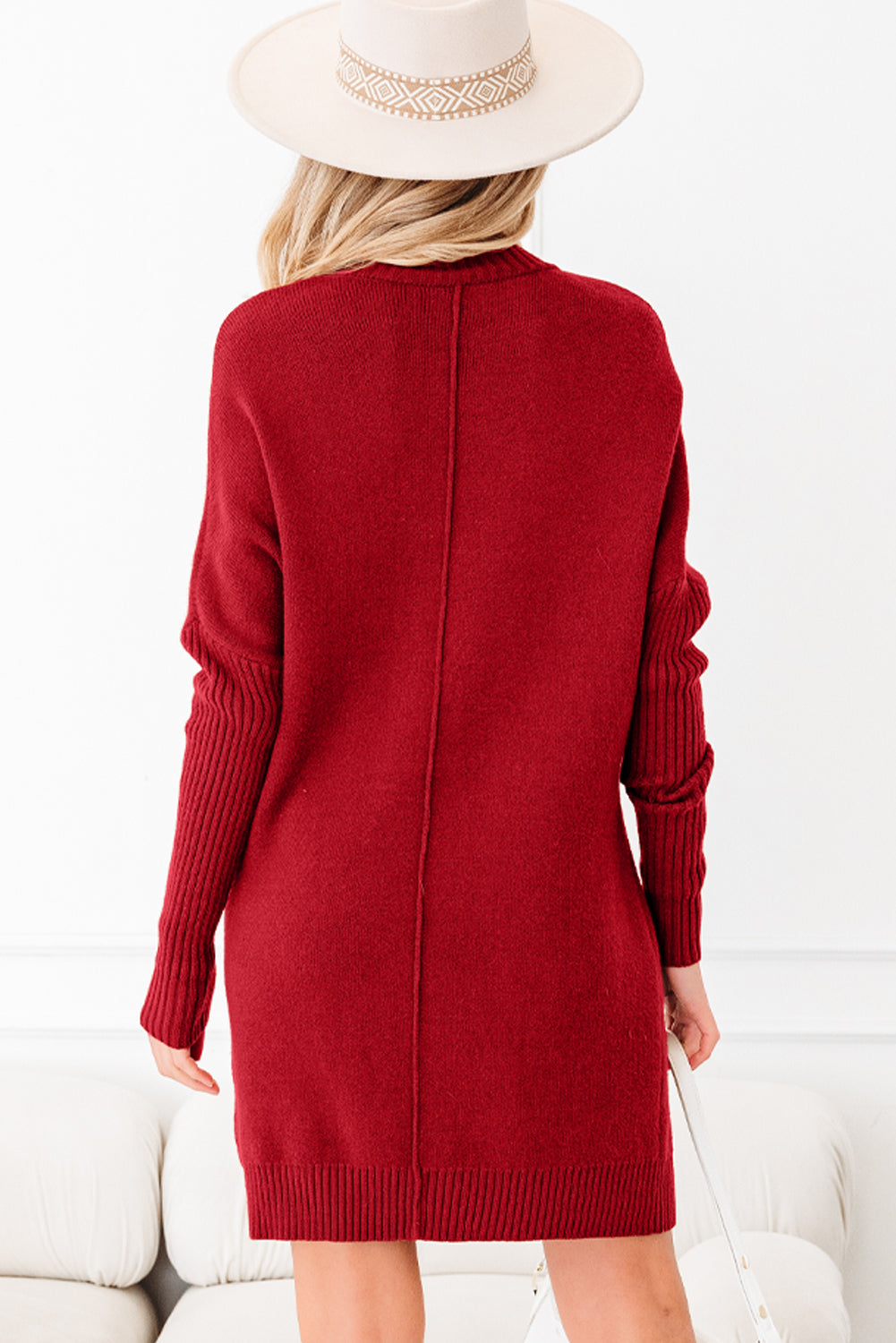 Fiery Red Ribbed High Neck Front Pockets Center Seam Shift Sweater Dress