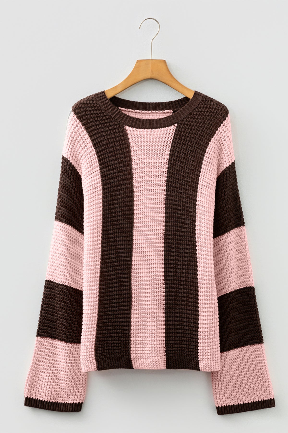 Fushia Striped Color Block Thermal Textured Knit Drop Shoulder Sweater