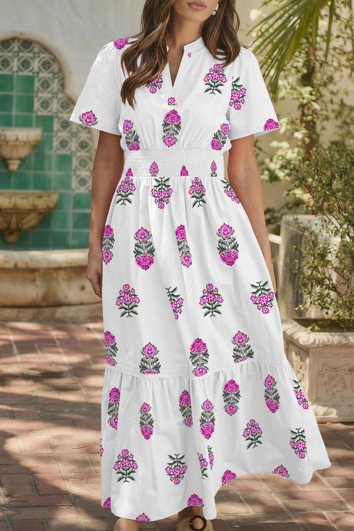 White Floral Print Split Neck Shirred High Waist Ruffle Hem Maxi Dress