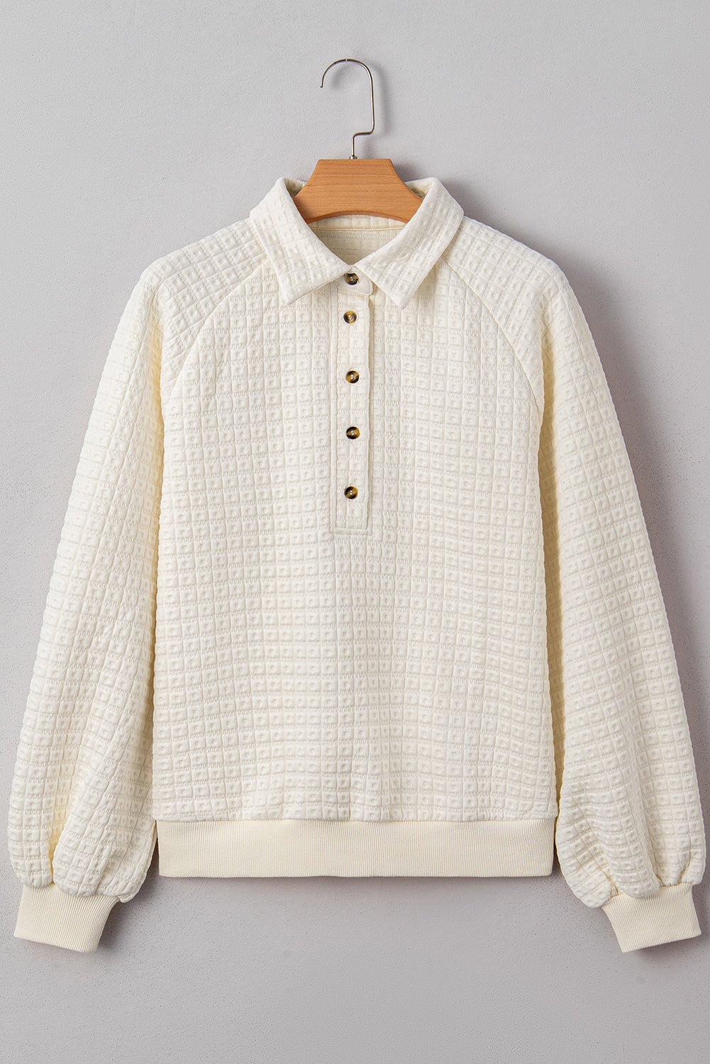 Beige Pineapple Textured Half Button Collared Sweatshirt
