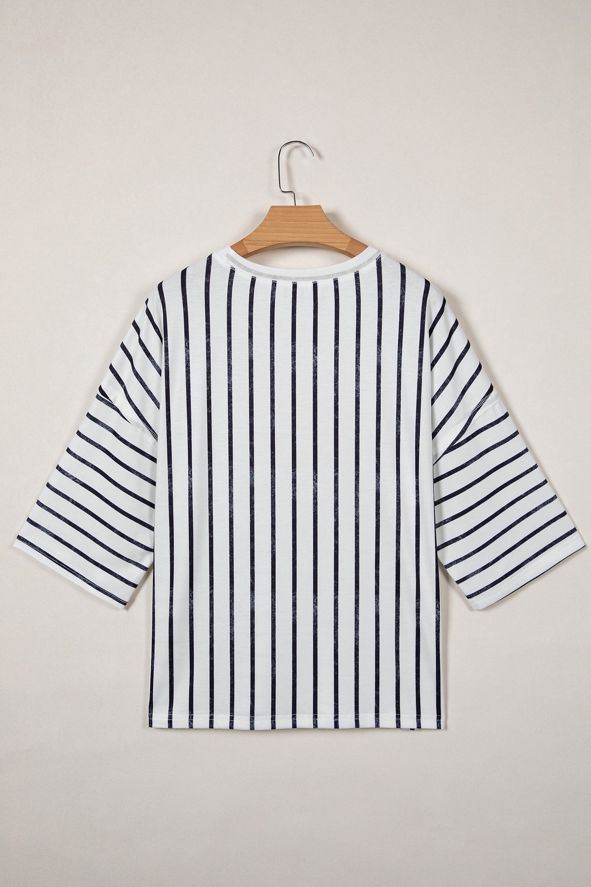 Khaki Stripe Colorblock 3/4 Sleeve Loose T Shirt
