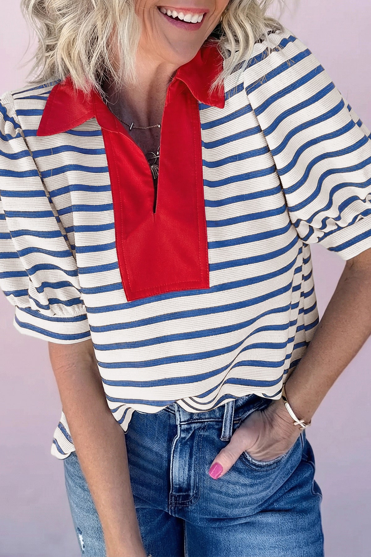 Blue Stripe Short Puff Sleeve Color Block Polo Collar Blouse