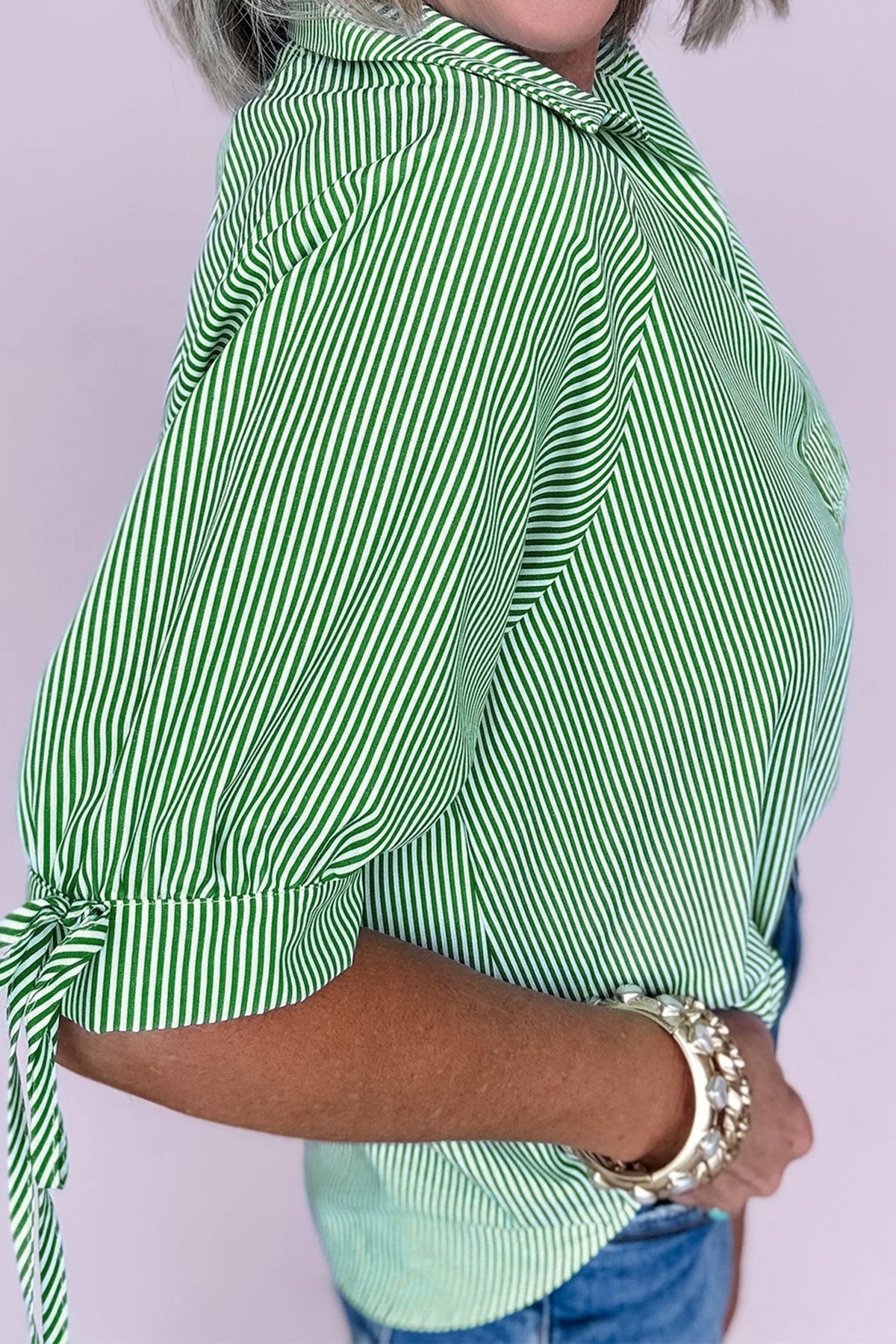 Mint Green Striped Print Collared Split Neck Half Sleeve Blouse