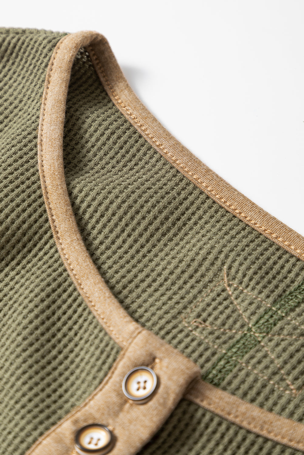Vineyard Green Color Block Waffle Textured Tunic Henley Top with Slits