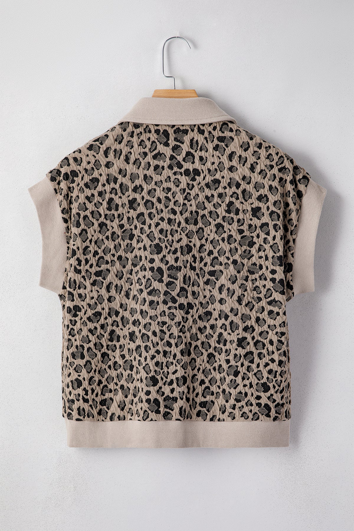 Beige Zip up Collared Leopard Cap Sleeve Top