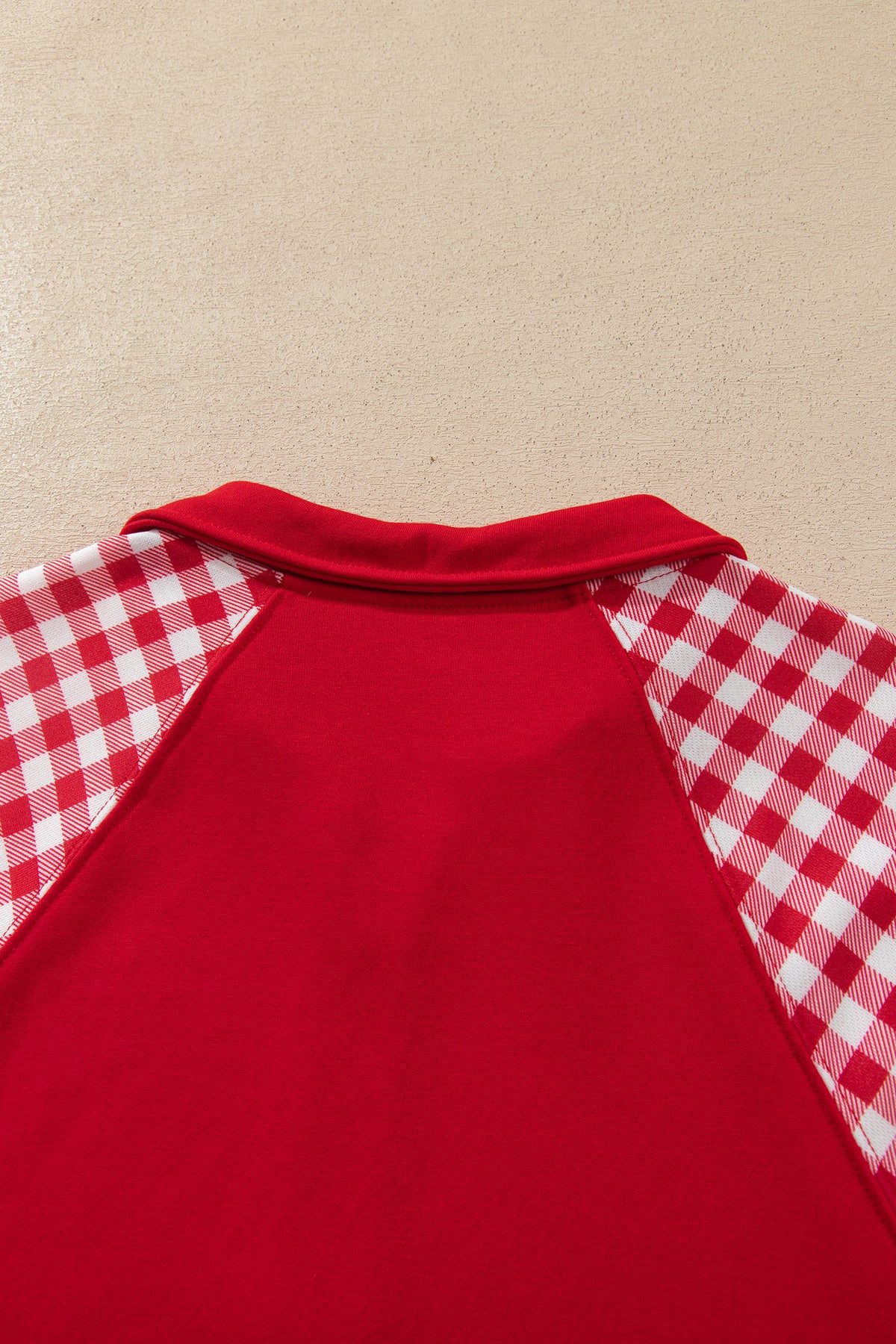 Fiery Red Plaid Patchwork Half Zip Pullover Drawstring Short Set