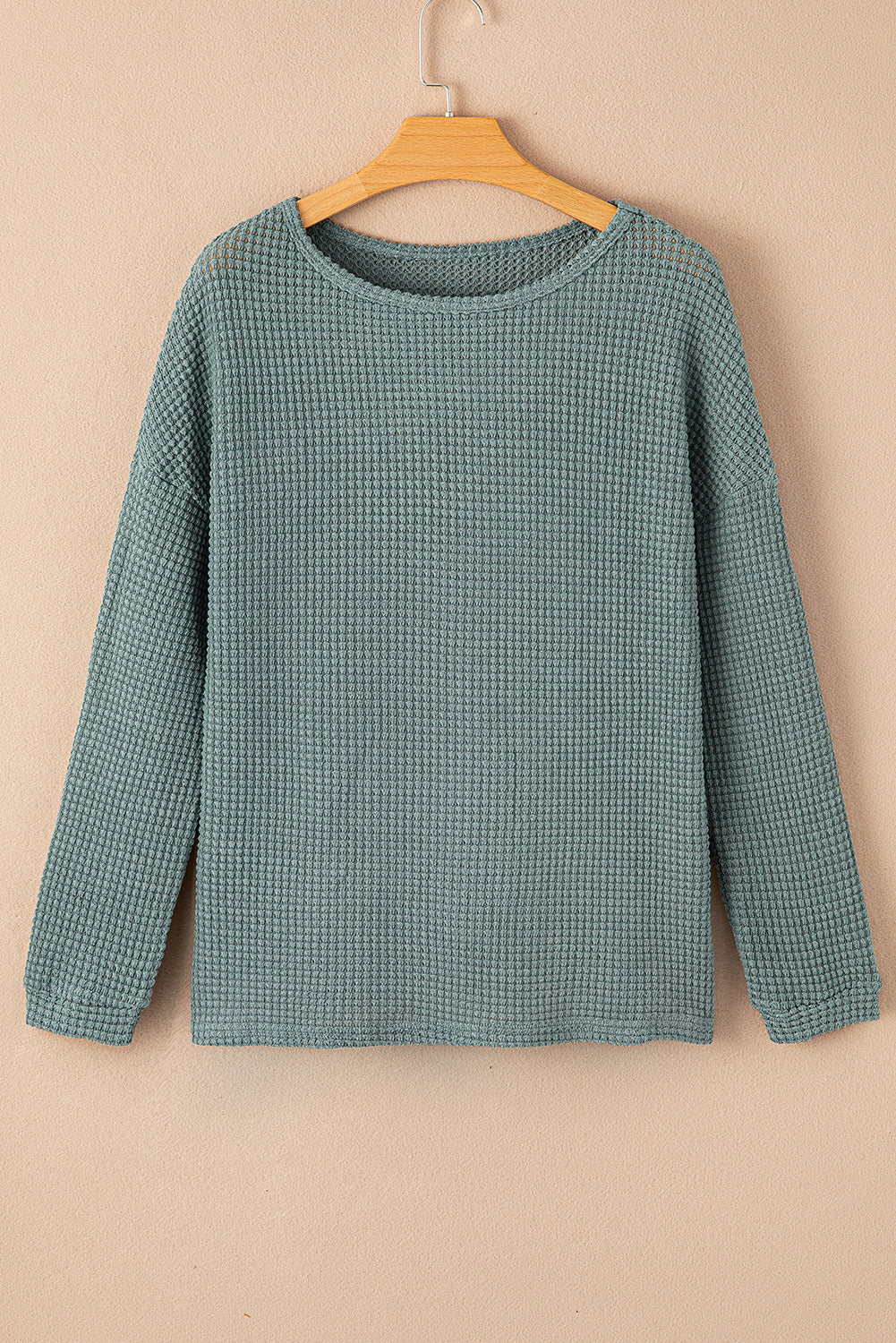 Green Waffle Knit Drop Shoulder Long Sleeve Top