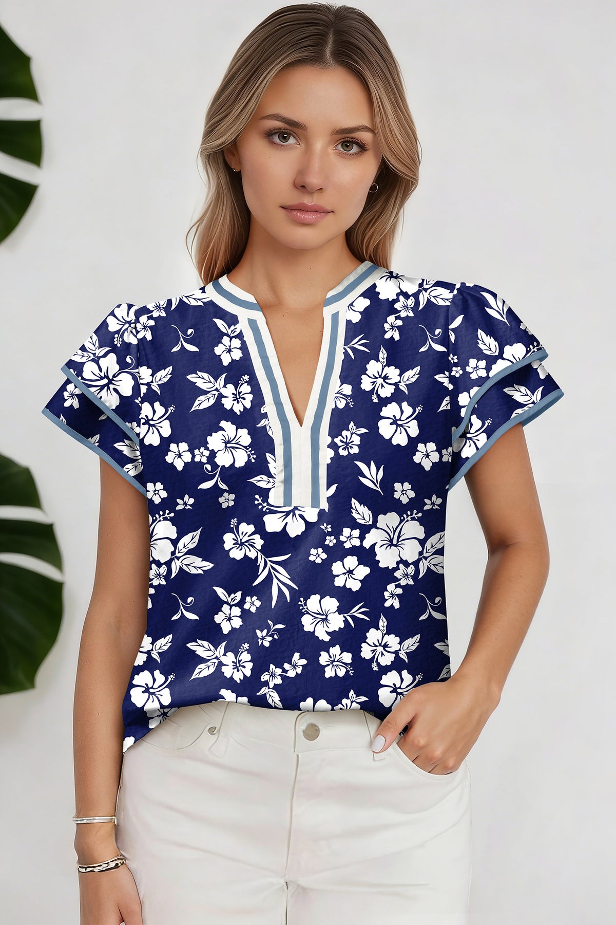 Blue Floral Print Contrast Trim Split Neck Double Ruffle Short Sleeve Blouse