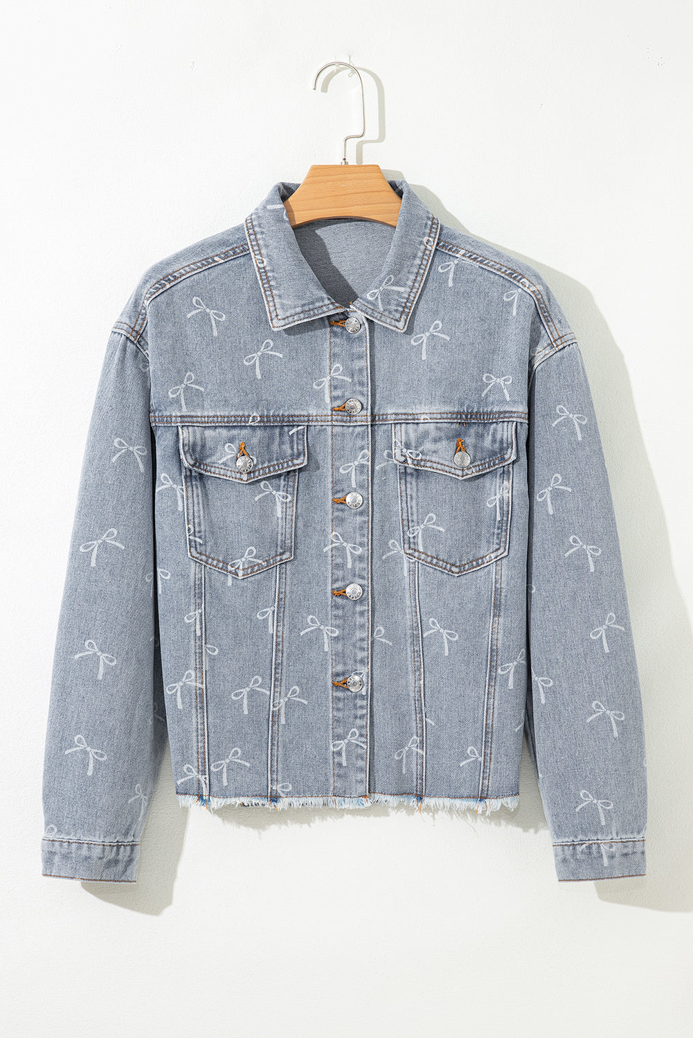 Sky Blue Bow Knot Print Light Wash Raw Hem Denim Jacket