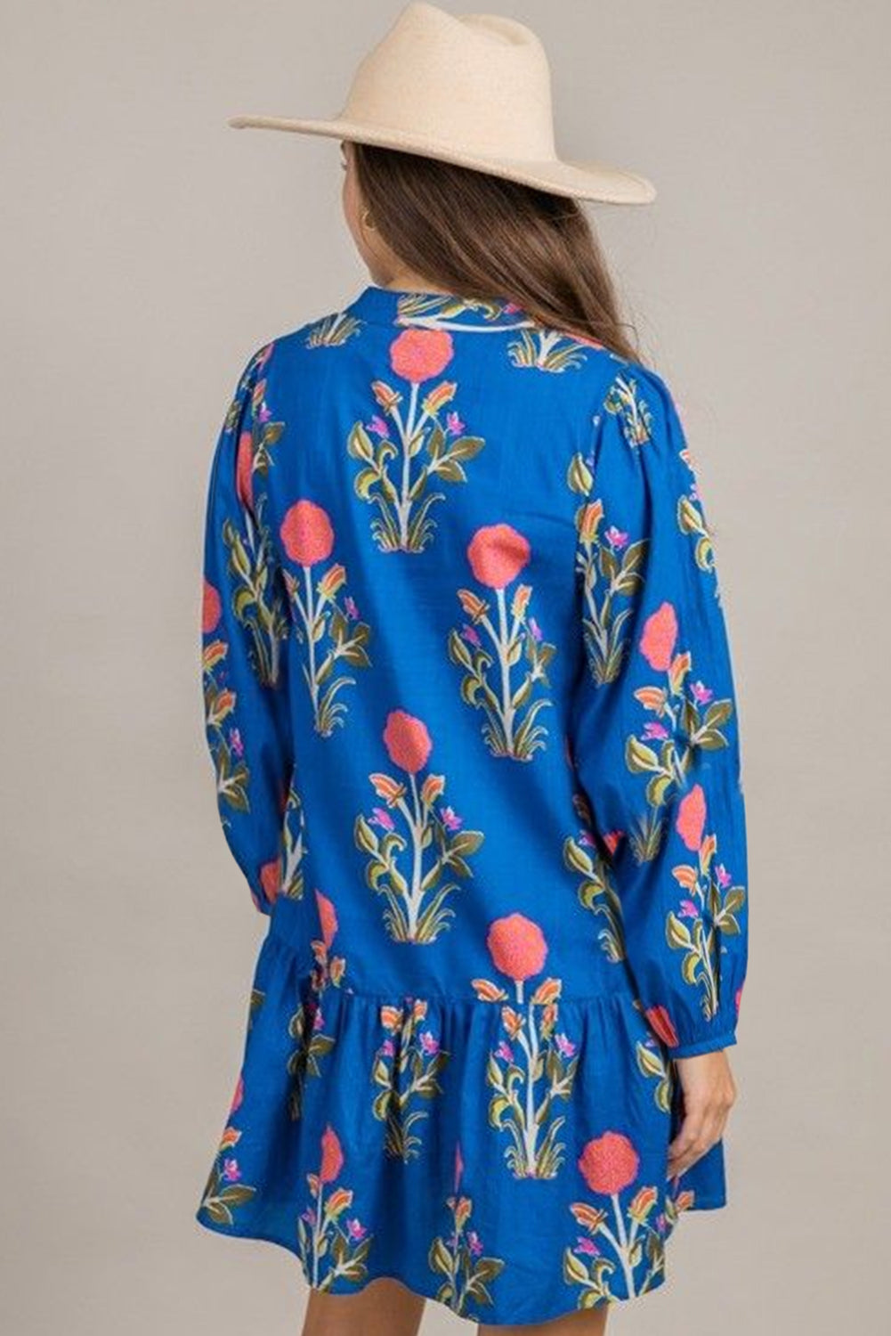 Sky Blue Floral Print Contrast Striped Trim Notched Neck Long Sleeve Dress