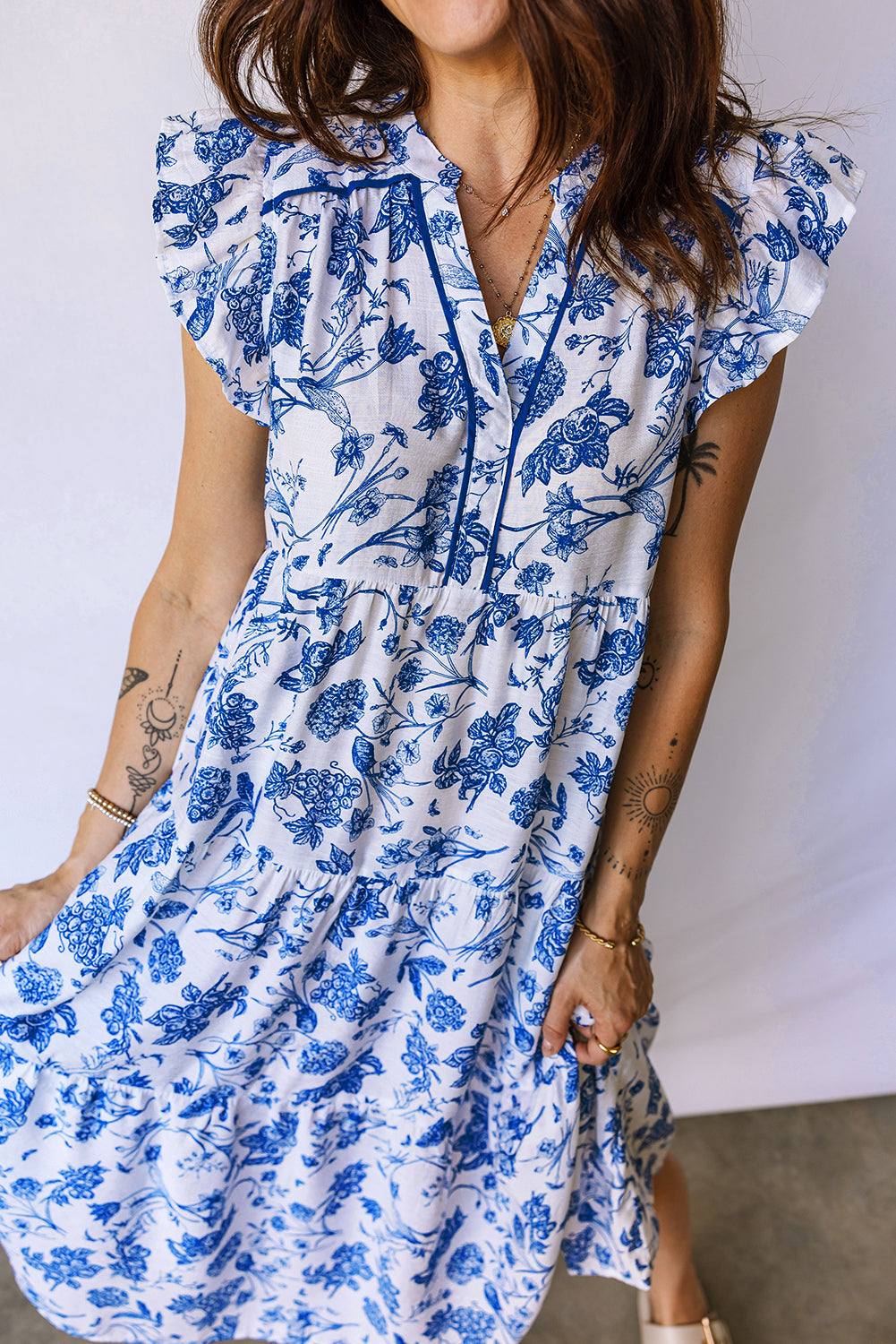 Blue Ruffled Short Sleeve Tiered Floral Midi Dress