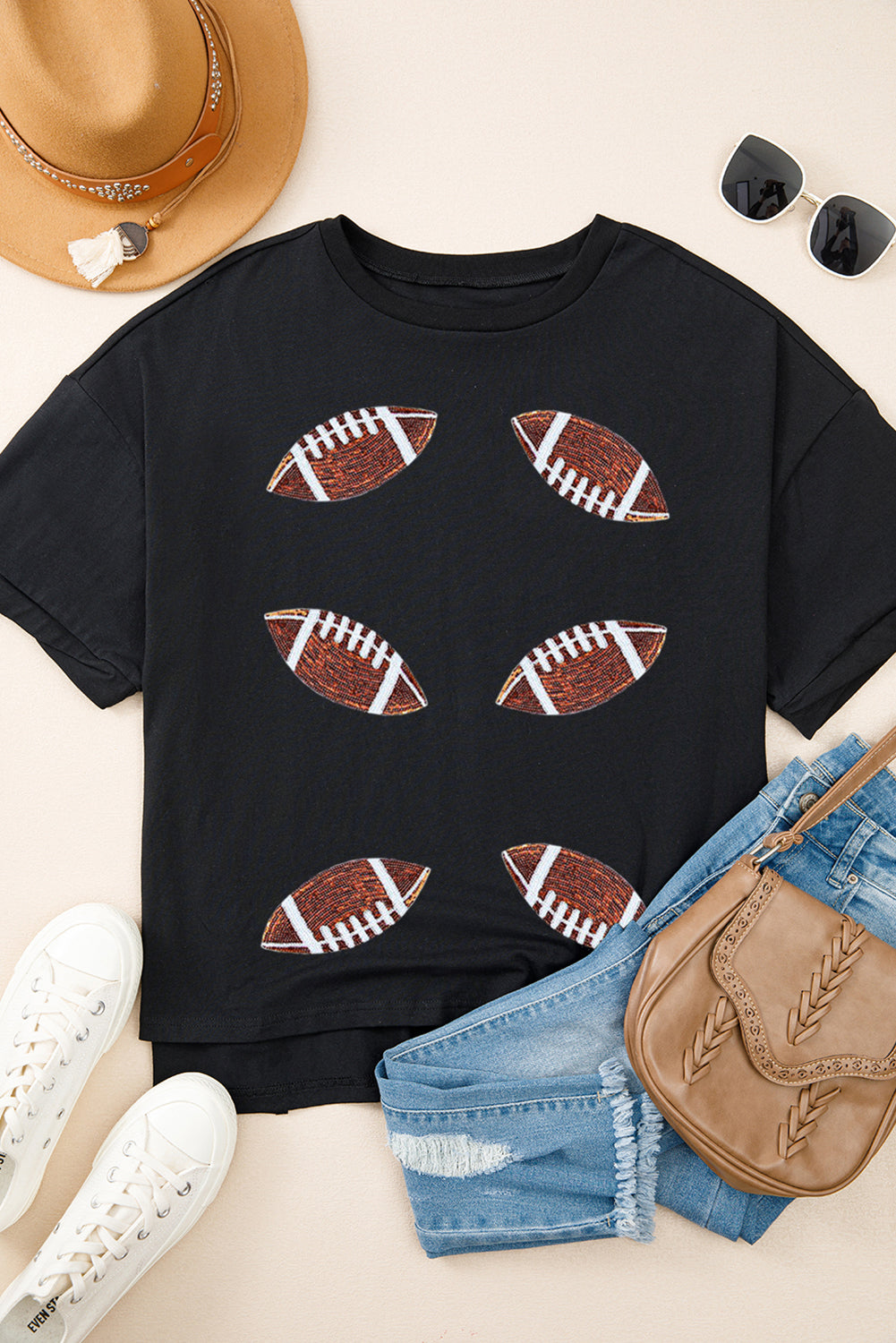 Black Sequin Rugby Football Patched Crewneck Loose T Shirt