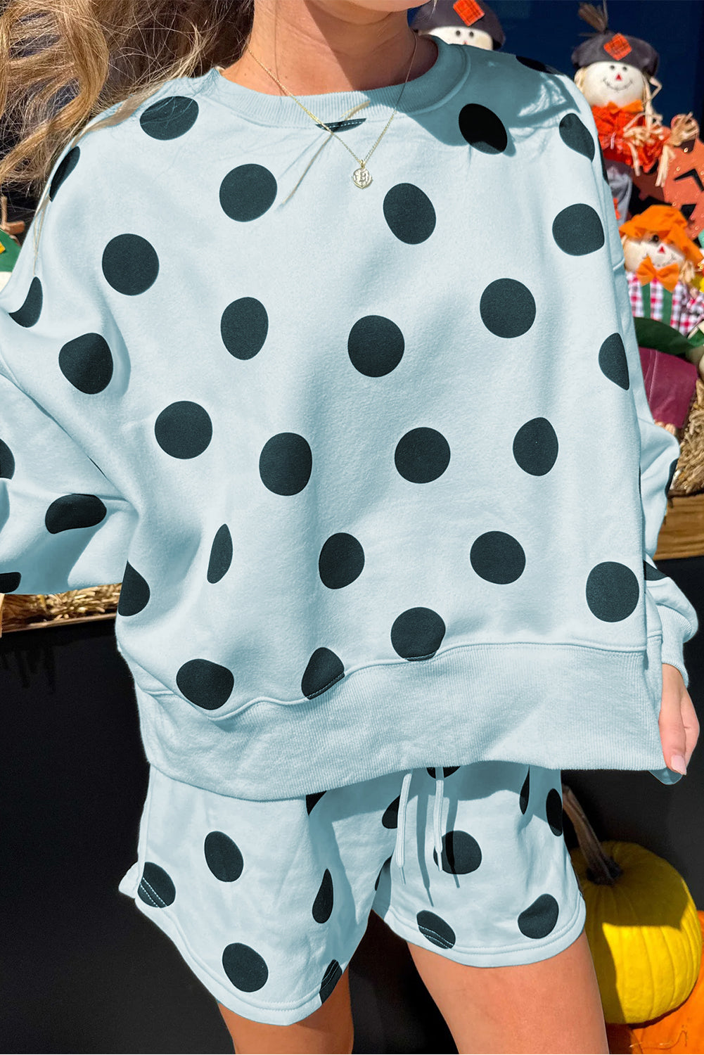 Sky Blue Polka Dot Print Drop Shoulder Pullover Drawstring Shorts Set