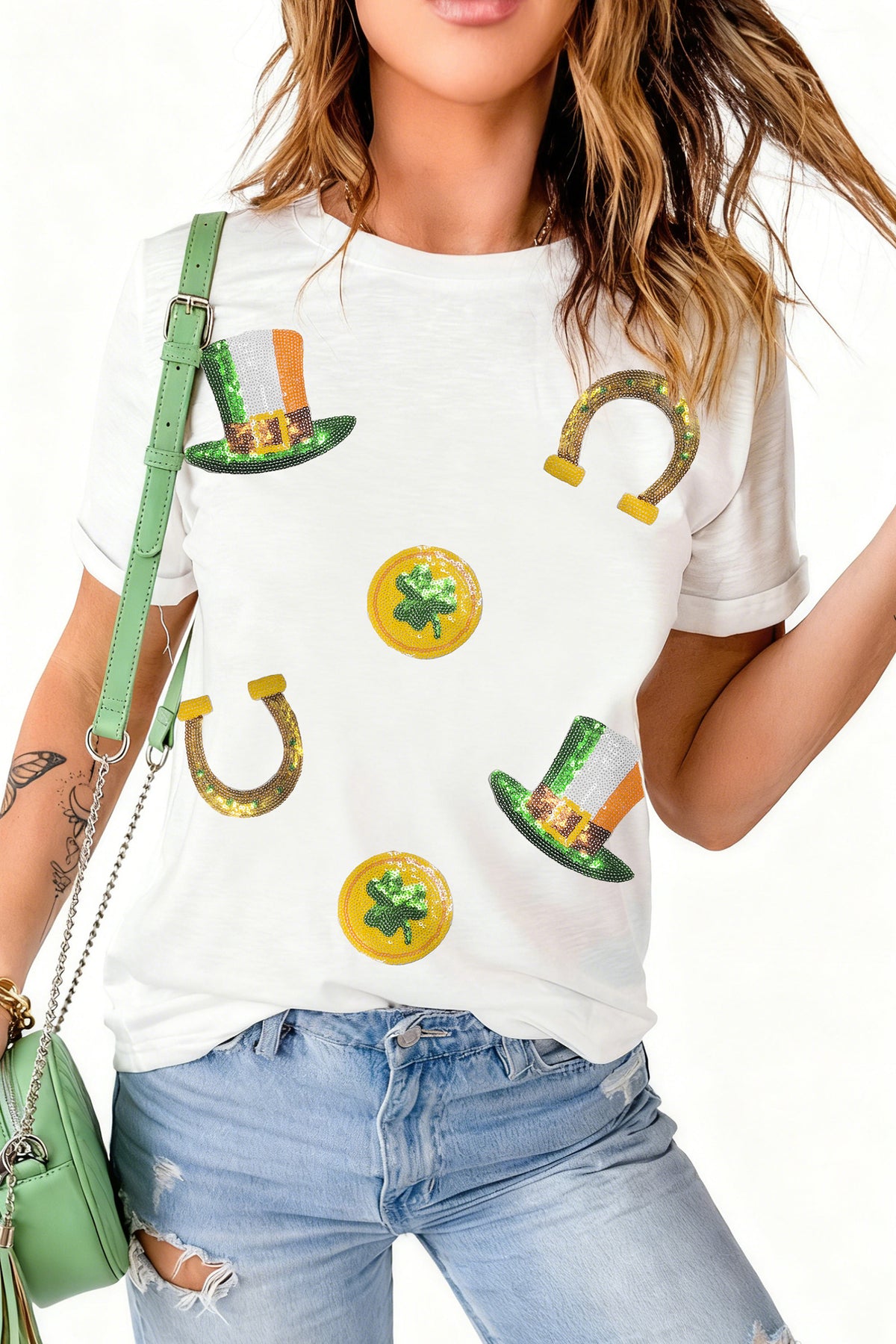 White St Patricks Day Sequin Graphic Casual T Shirt