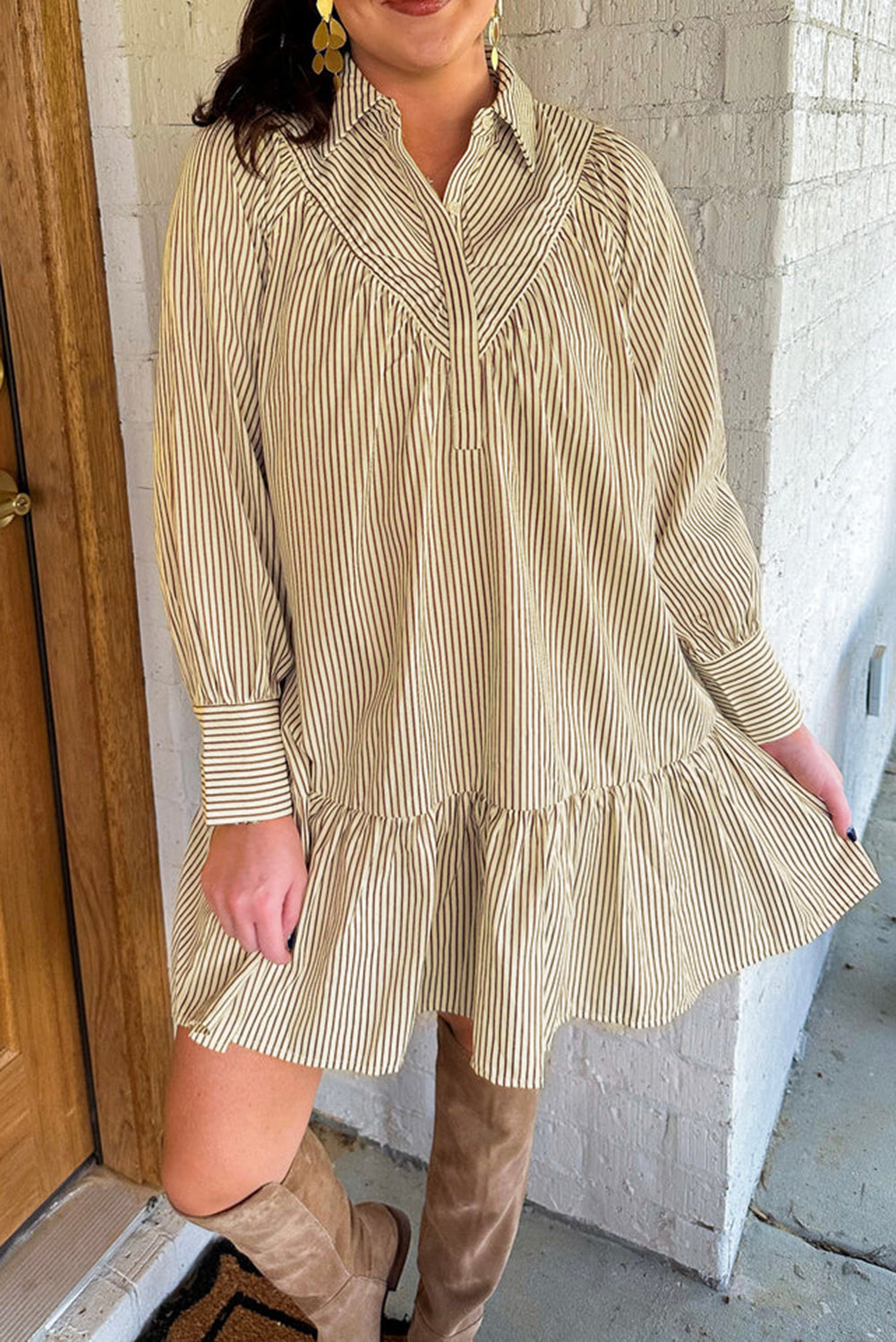 Brown Stripe Collared Neck Cuffed Long Sleeve Drop Waist Mini Dress