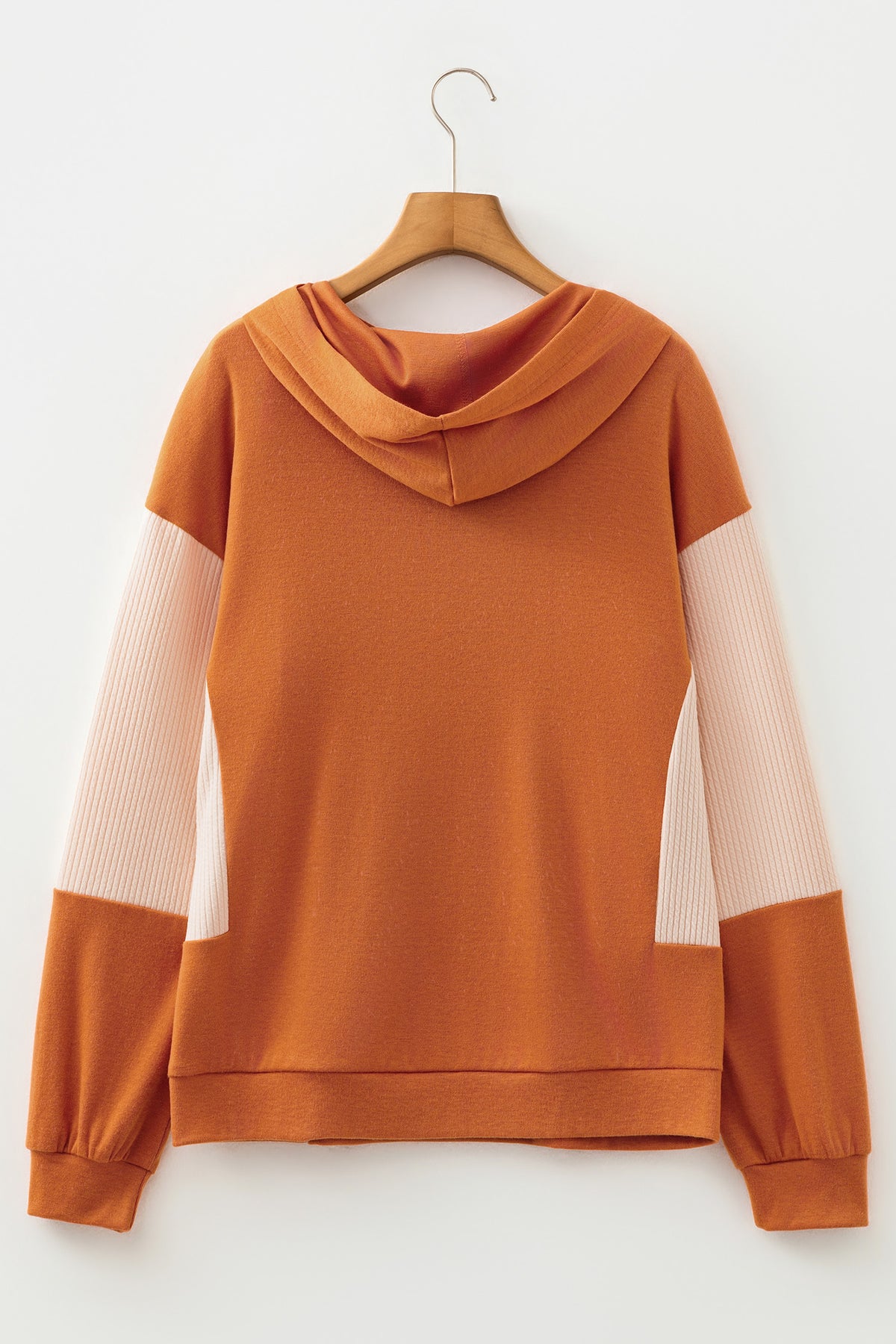 Gold Flame Contrast Color Ribbed Patchwork Crossed Pullover Neck Hoodie