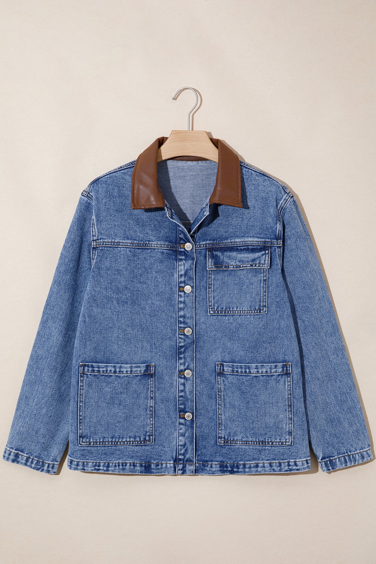 Sky Blue Patchwork Faux Leather Collar Long Sleeve Denim Jacket