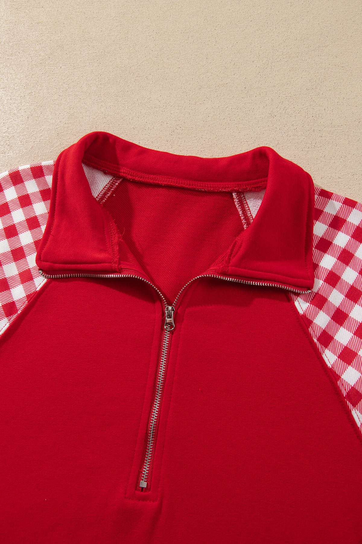 Fiery Red Plaid Patchwork Half Zip Pullover Drawstring Short Set