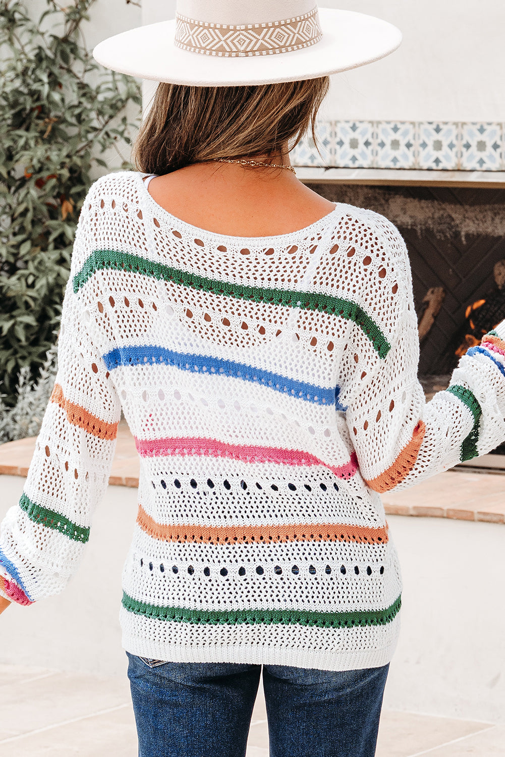 White Color Block Striped Pointelle Knit Sweater