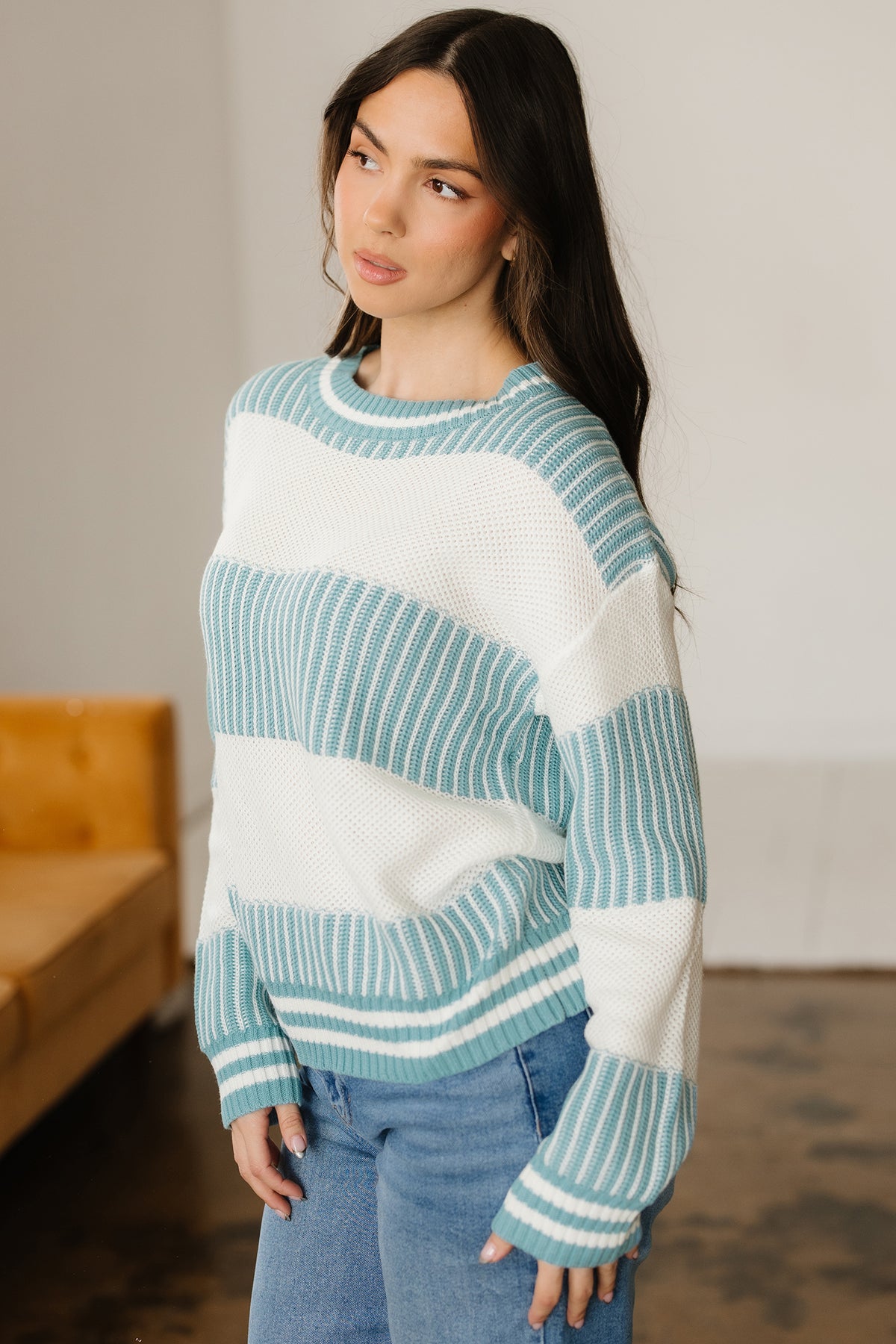 Light Blue Two Tone Striped Patchwork Drop Shoulder Loose Sweater