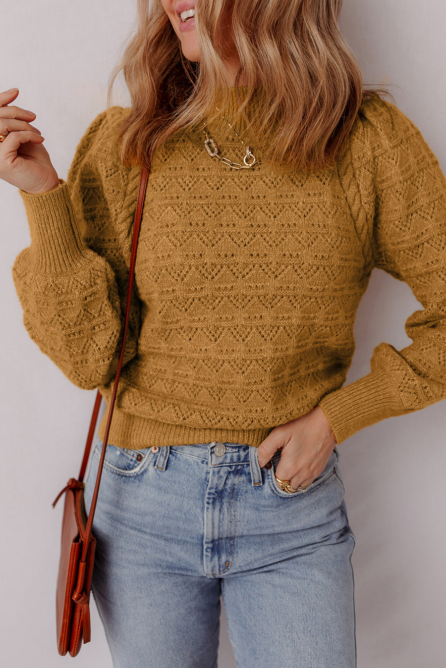 Jurassic Gold Hollow Out Crochet Ribbed Edge Balloon Sleeve Sweater