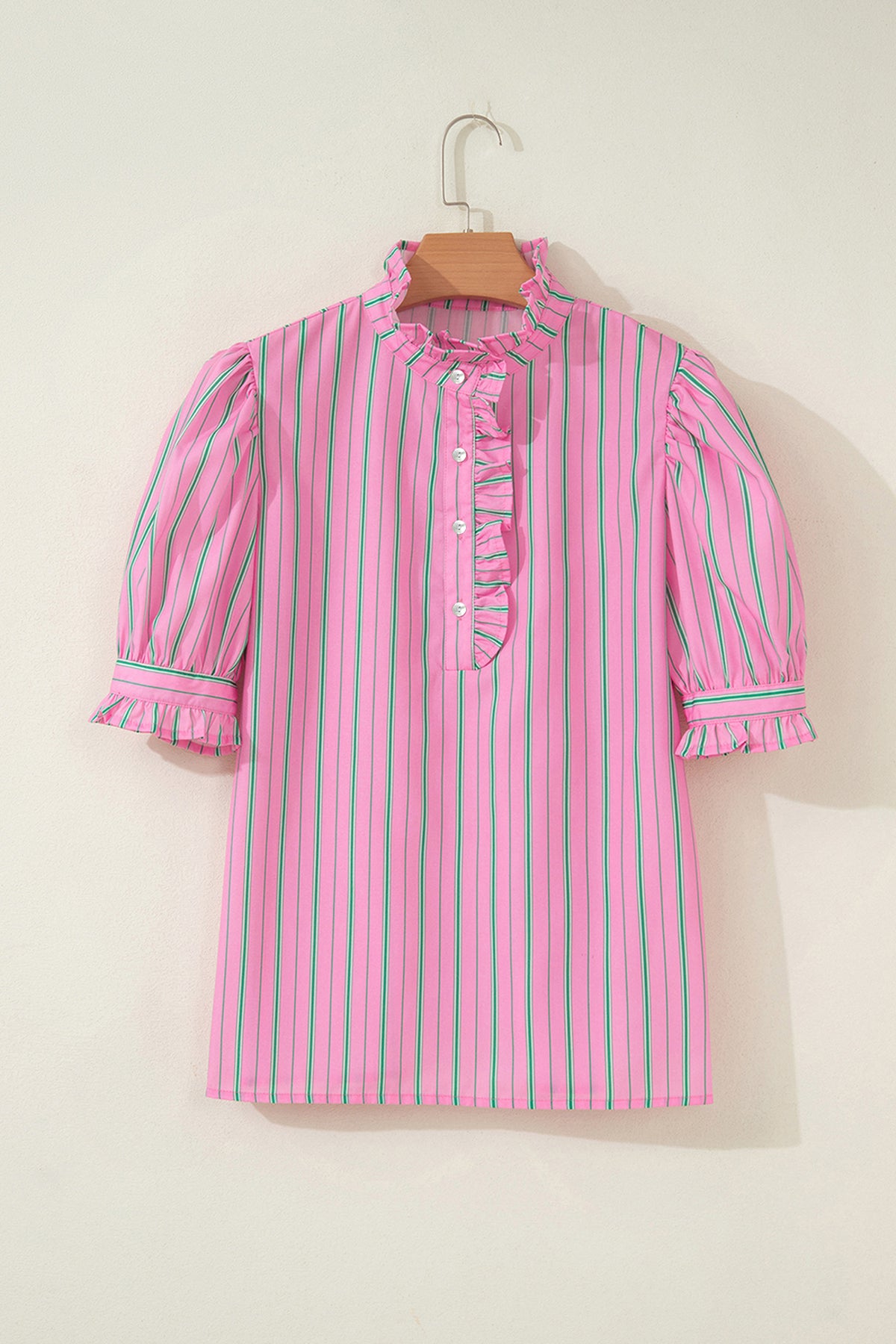 Pink Stripe Ruffle Trim Half Button Short Puff Sleeve Blouse