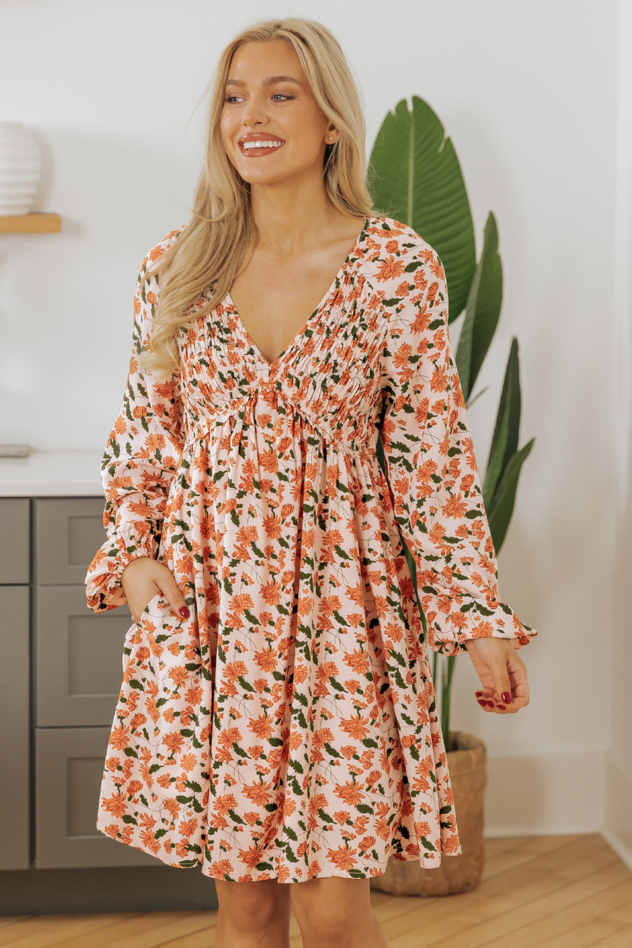 Beige Floral Deep V Neck Smocked Bust Bubble Sleeve Babydoll Dress