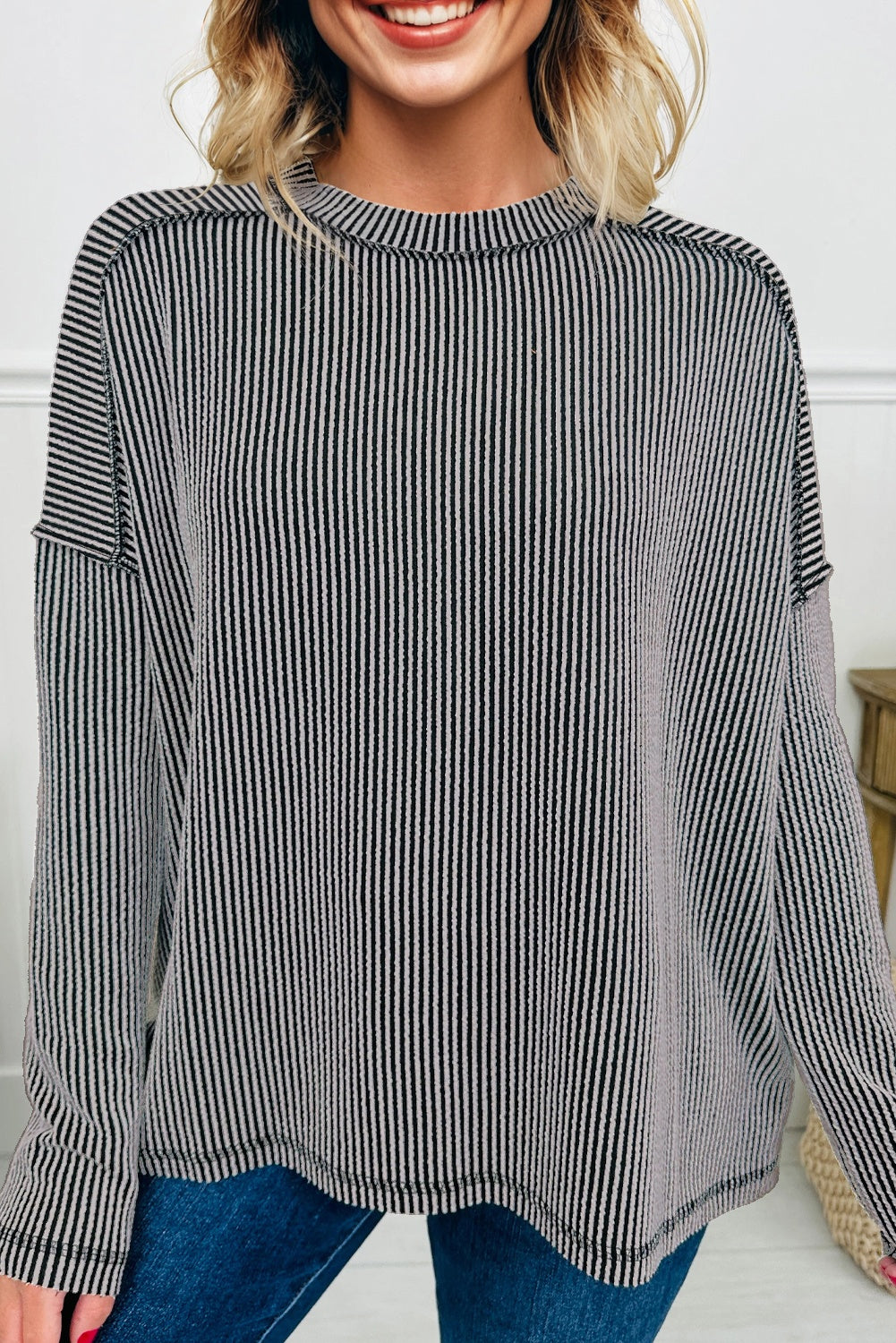 Black Twist Ribbed Exposed Seam Detail Long Sleeve Loose Top