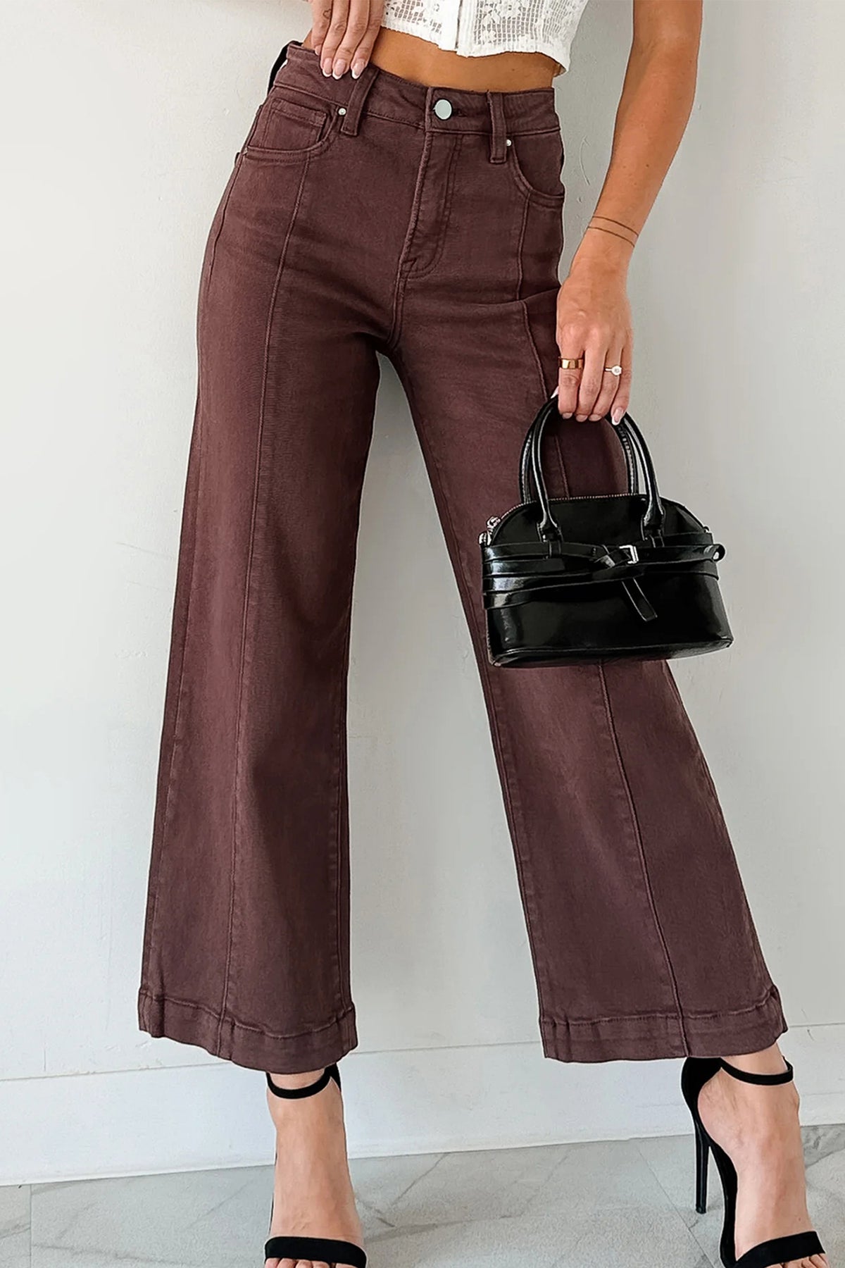 Red Sandalwood Solid Color Seamed Center Wide Leg Cropped Jeans