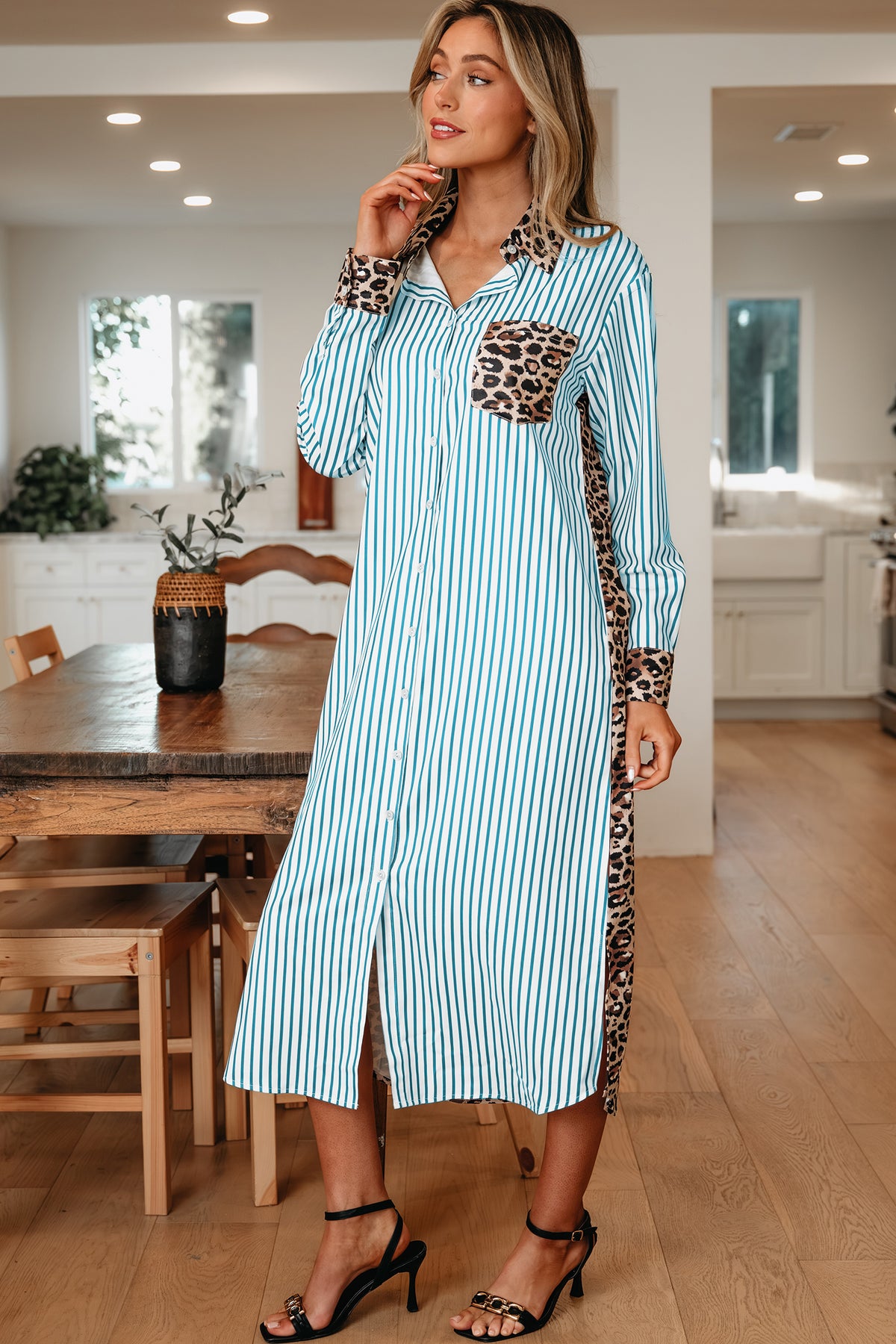 Sky Blue Stripe Contrast Leopard Patchwork Long Shirt Dress with Slits