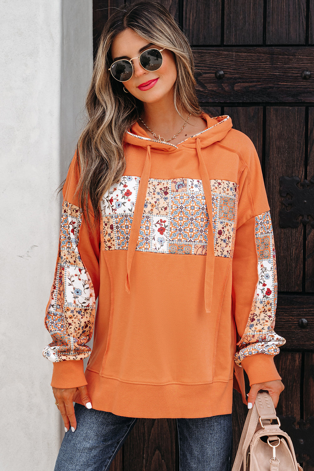 Flamingo Mix Floral Patchwork Side Slit Drawstring Hoodie