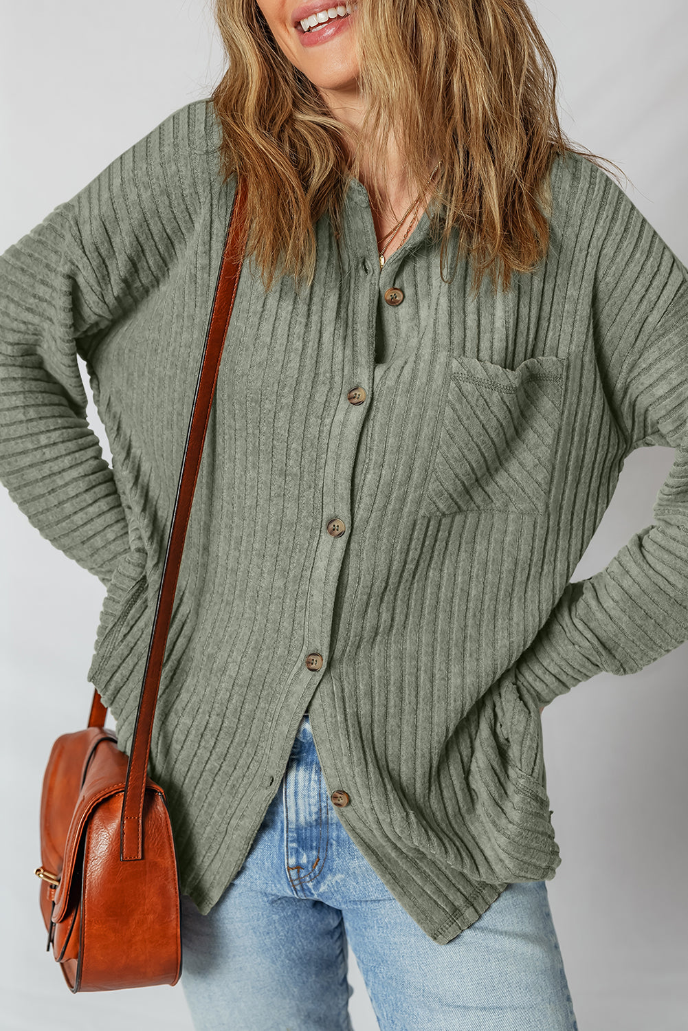 Mist Green Thermal Ribbed Texture Drop Shoulder Button Up Shacket