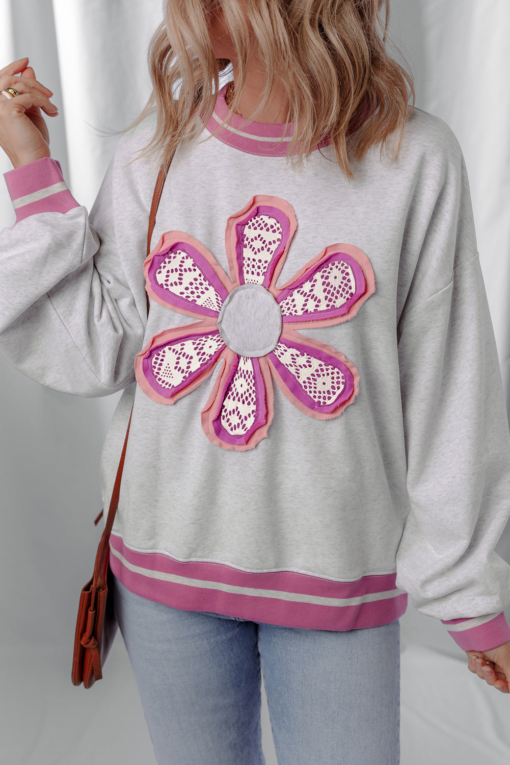 Gray Flower Patch Contrast Trim Crew Neck Sweatshirt