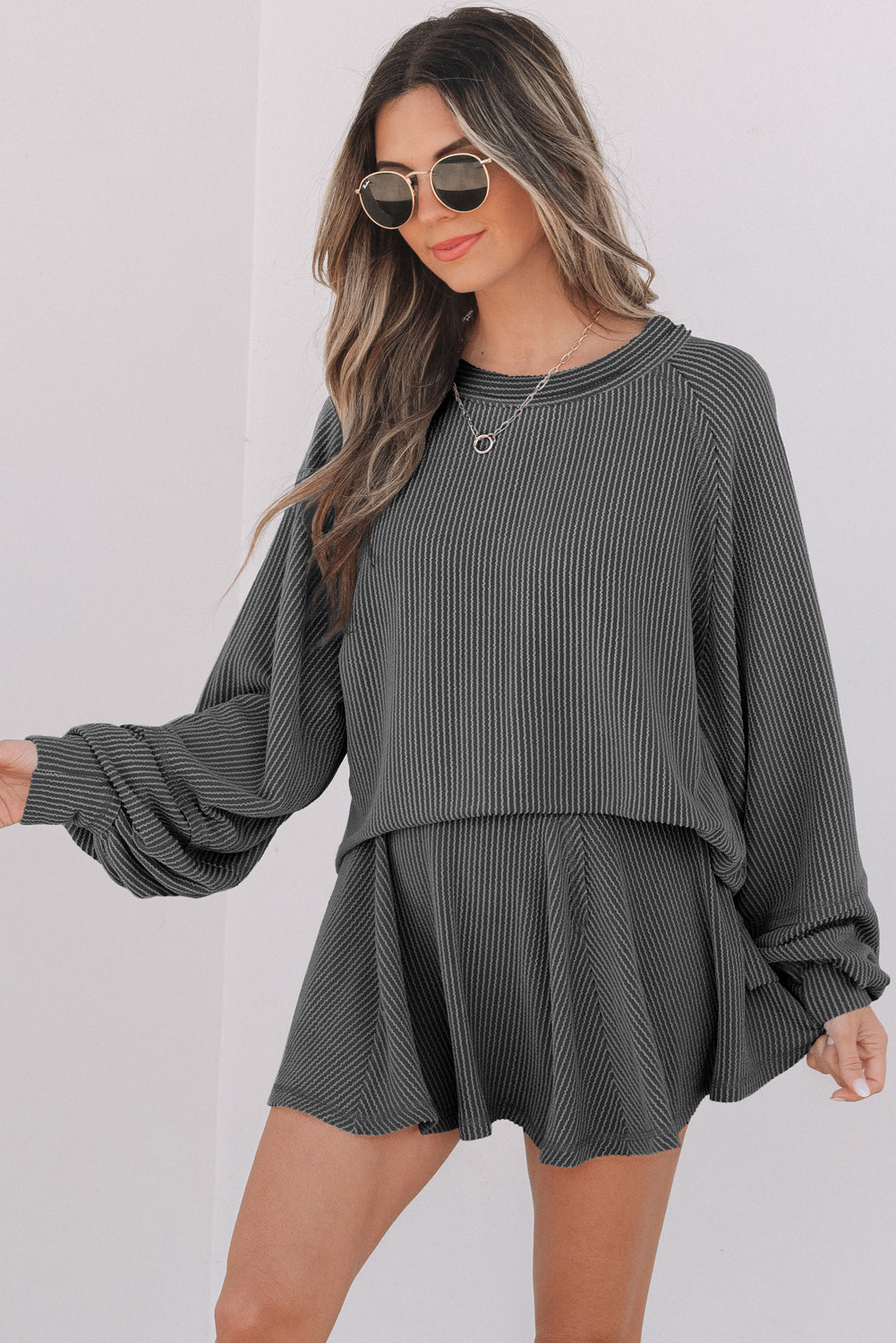 Dark Grey Corded Lantern Sleeve Top High Waist Ruffled Mini Skort Set